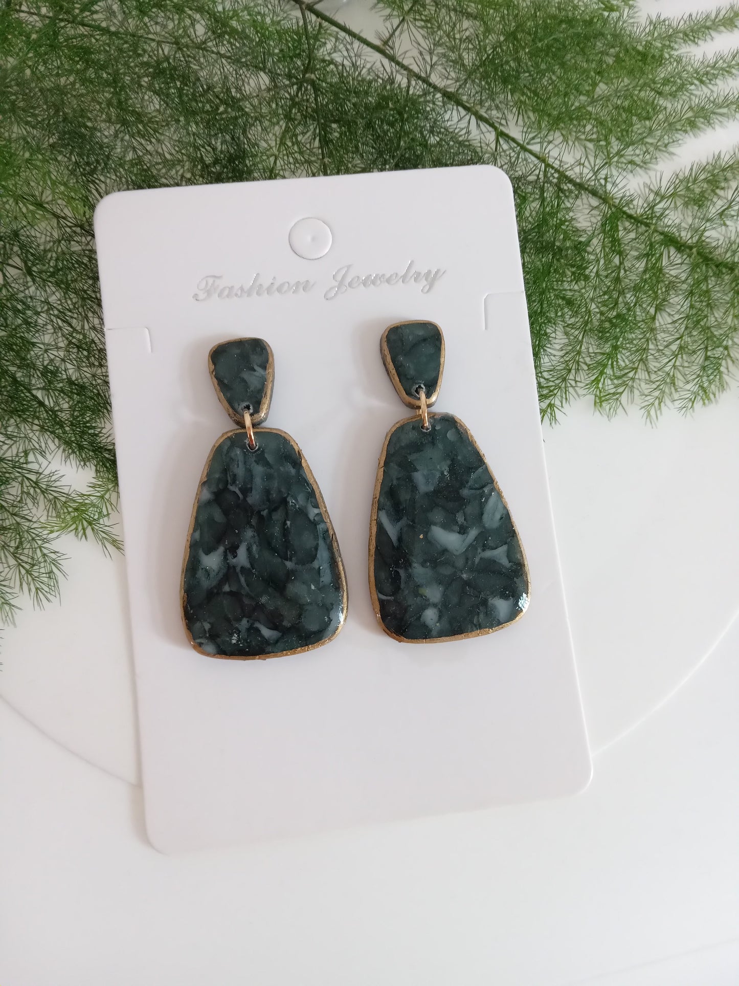 Handmade Dark Green Stone Diamond Drops Earrings - Lightweight Statement Earrings