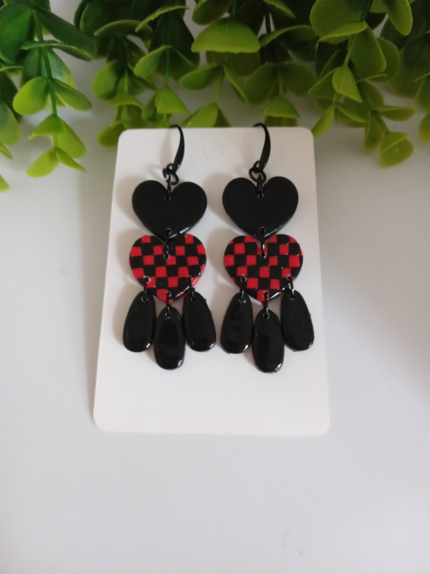 Polymer Clay Earrings Handmade - Bold Red Black Heart Statement Dangles for Her