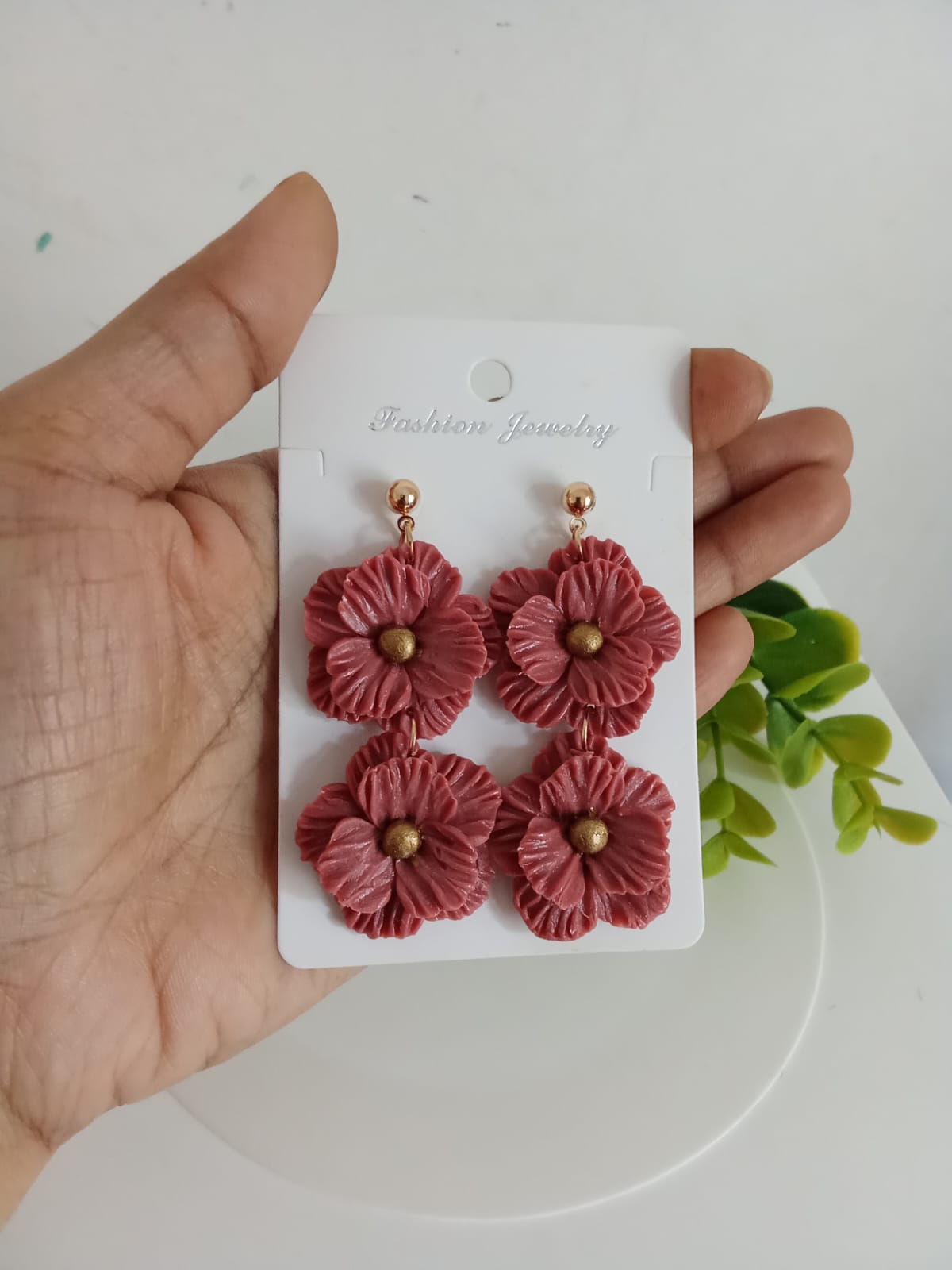 Handmade Dusty Rose Flower Statement Earrings – Lightweight Polymer Clay Floral Jewelry for Women, Elegant Wedding & Everyday Wear