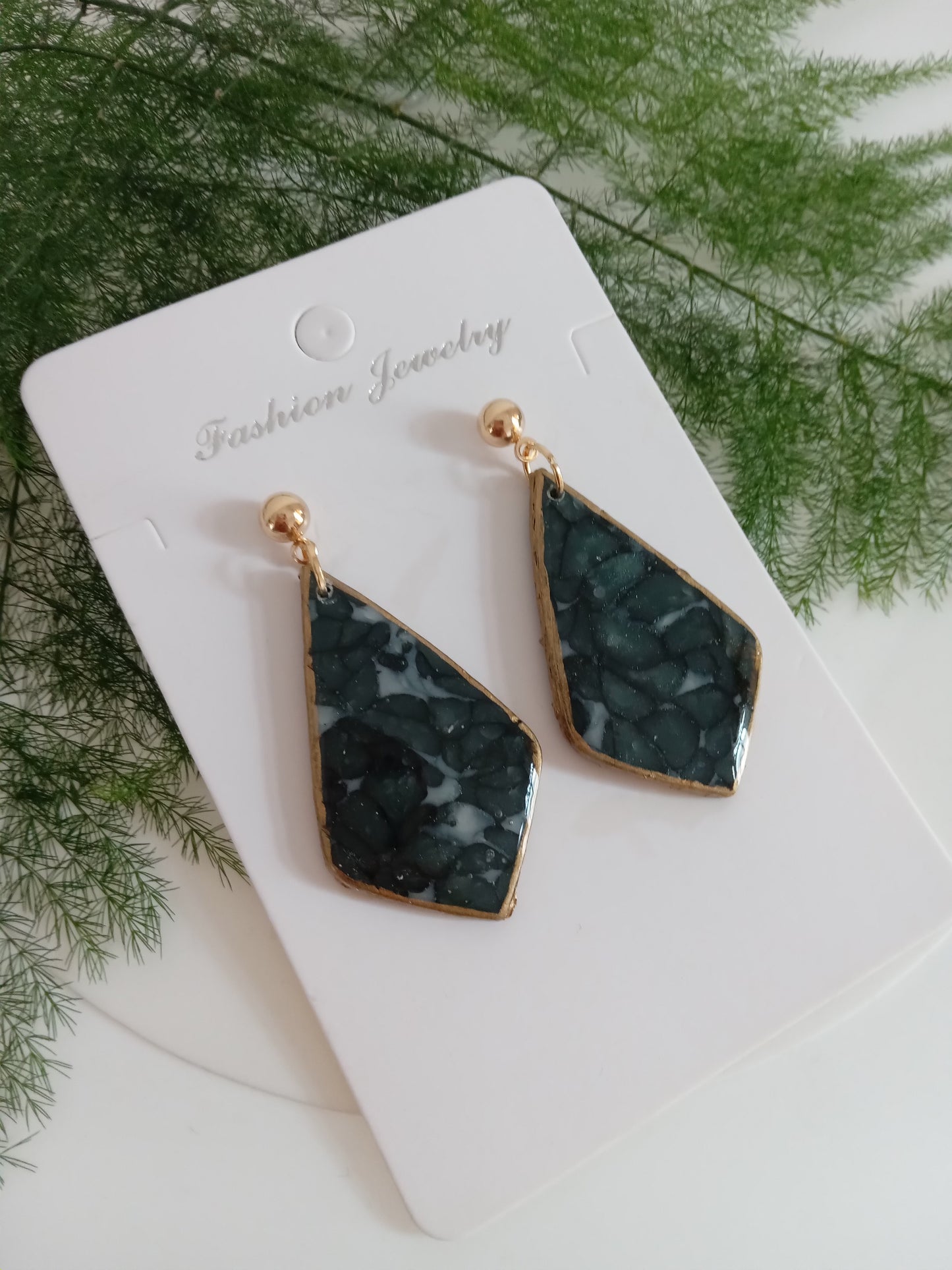 Handmade Dark Green Stone Diamond Drops Earrings - Lightweight Statement Earrings
