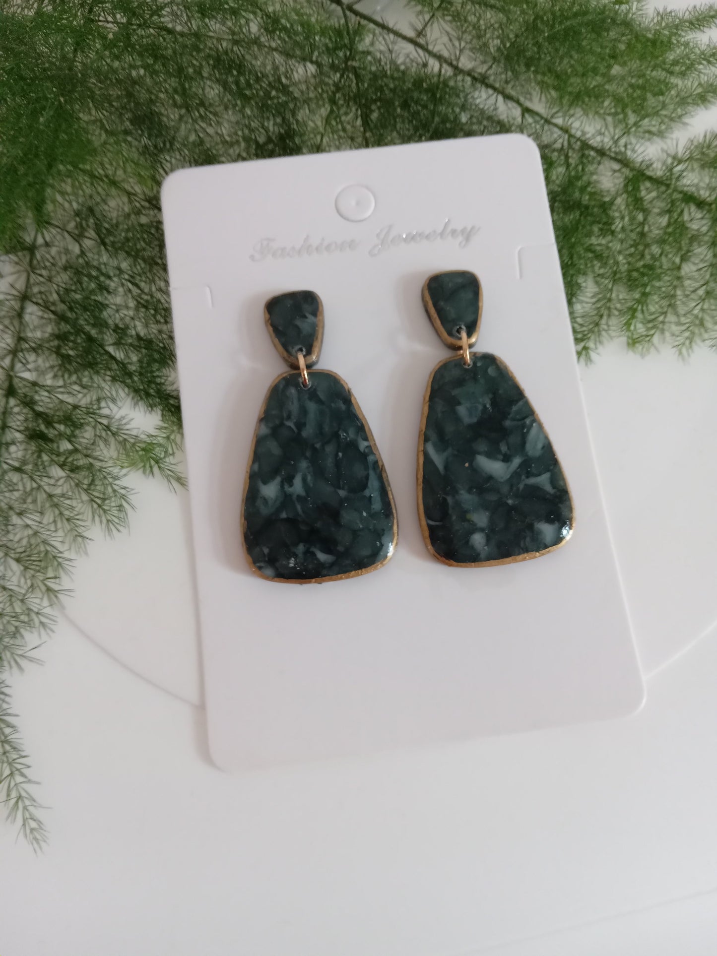 Handmade Dark Green Stone Diamond Drops Earrings - Lightweight Statement Earrings