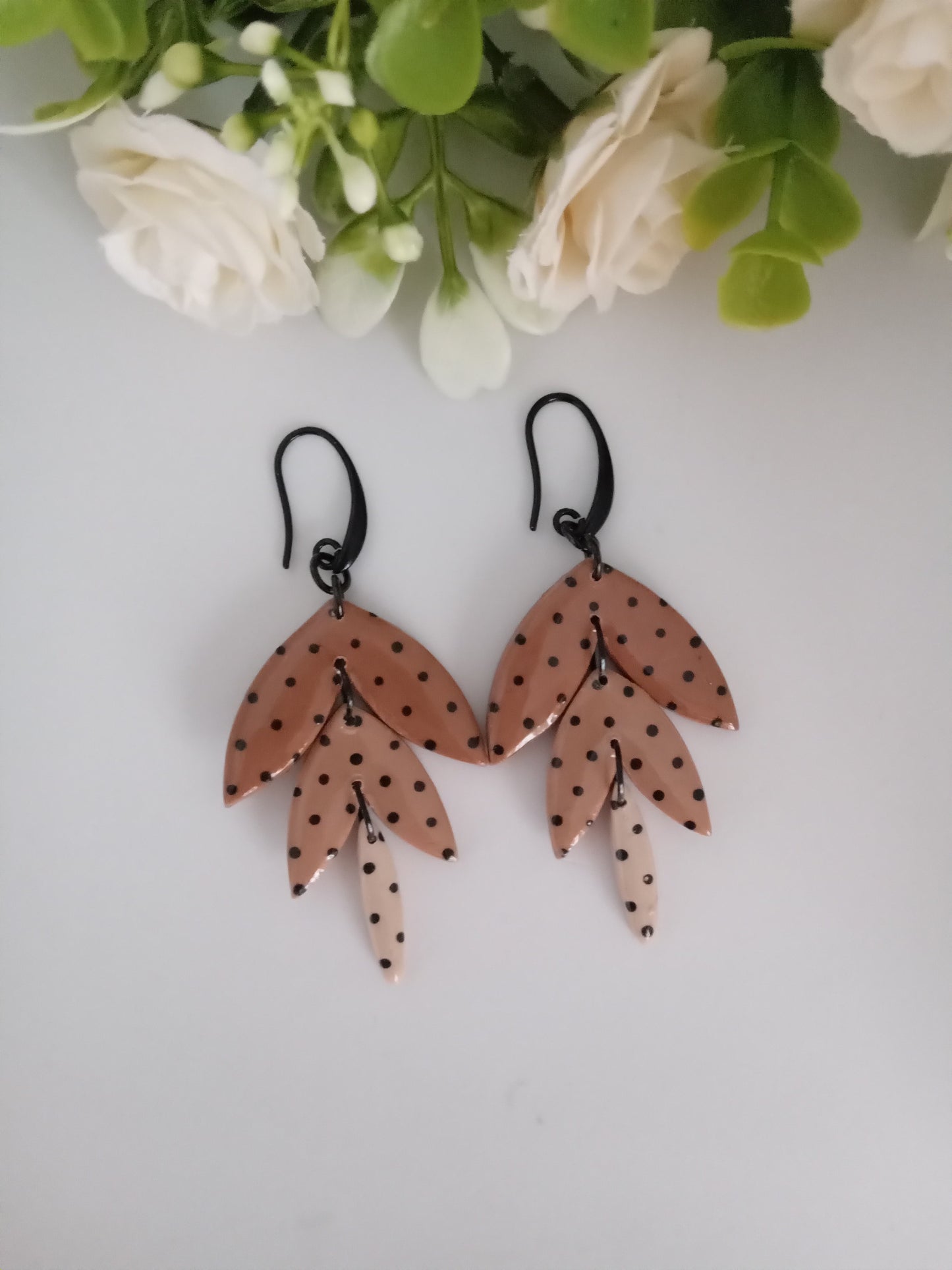Polka Dot Leaf Dangle Earrings - Handmade Polymer Clay Jewelry