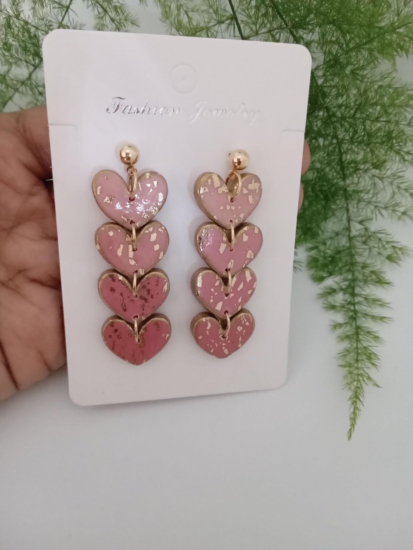 Handmade Pink Heart Drop Earrings with Gold Leaf- Romantic Statement Jewelry for Women