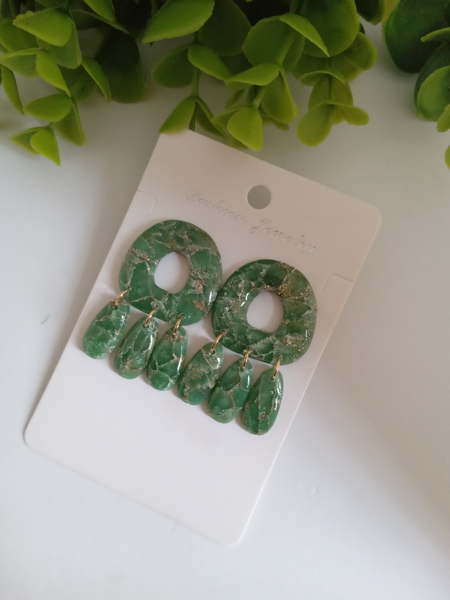 Green Marble Statement Dangle Earrings – Handmade Lightweight Drop Earrings for Women, Elegant Boho Jewelry Gift