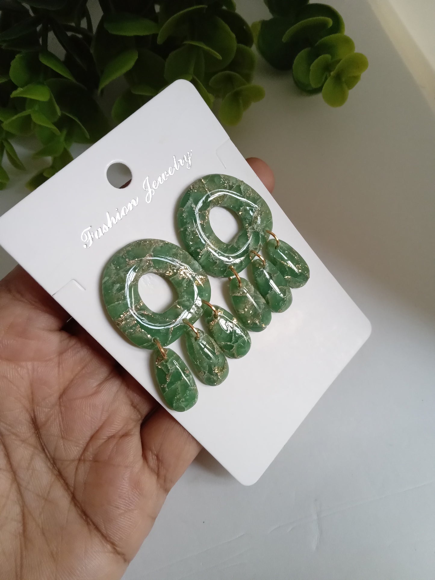 Green Marble Statement Dangle Earrings – Handmade Lightweight Drop Earrings for Women, Elegant Boho Jewelry Gift