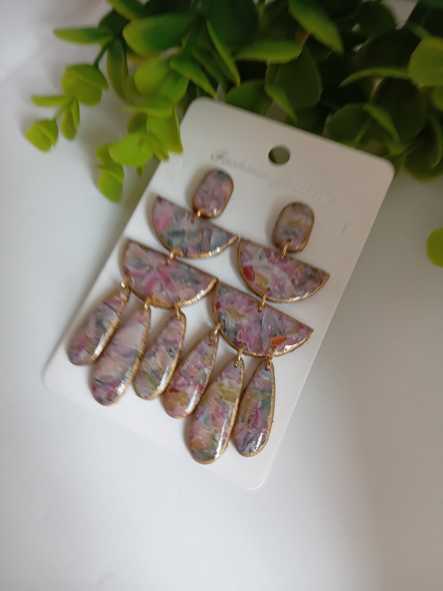 Handmade Statement Dangle Earrings – Colorful Marble Floral Resin, Lightweight Drop Earrings with Gold Trim