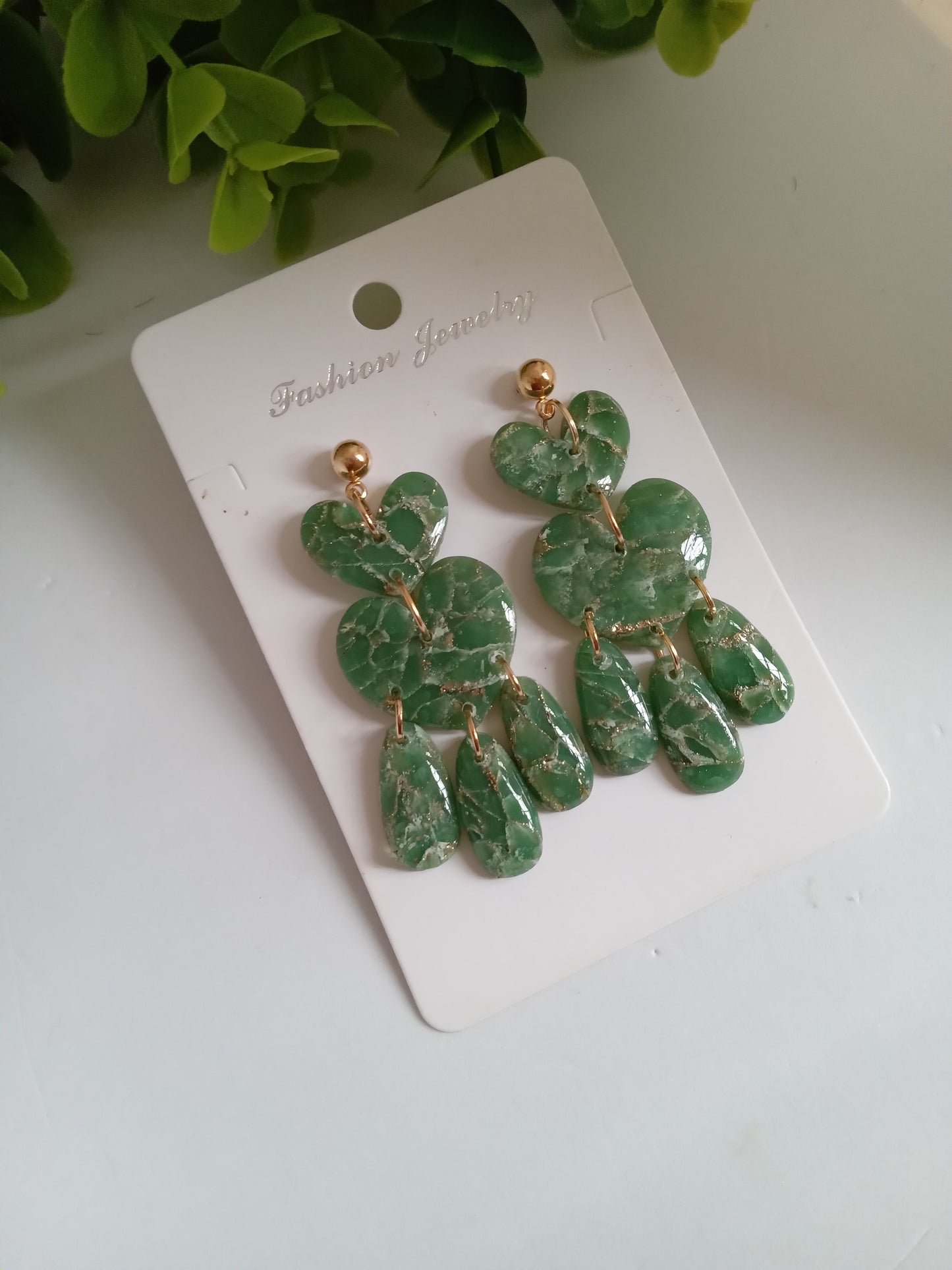 Green Marble Statement Dangle Earrings – Handmade Lightweight Drop Earrings for Women, Elegant Boho Jewelry Gift