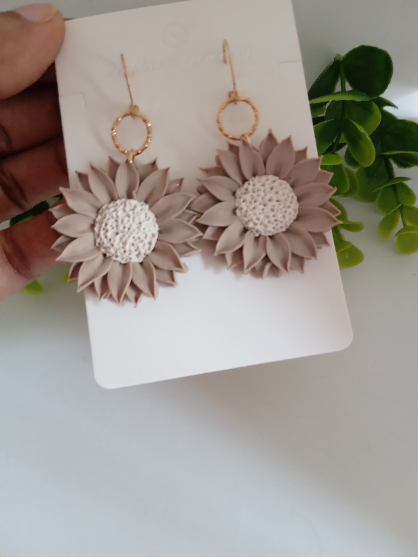 Polymer Clay Sunflower Earrings- Handmade Beige Flower Dangles for Women