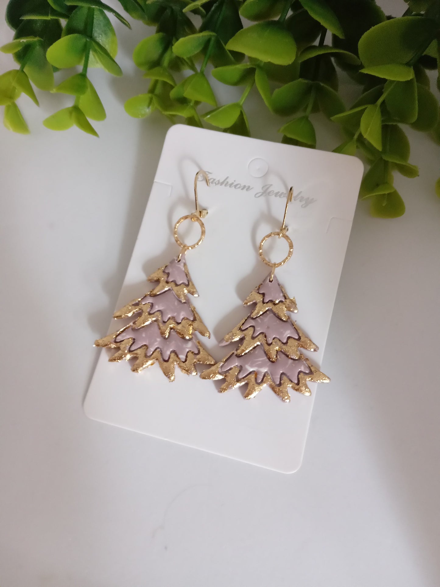 Bold Christmas Tree Polymer Clay Earrings with Gold Foil - Handmade Holiday Jewelry for Women