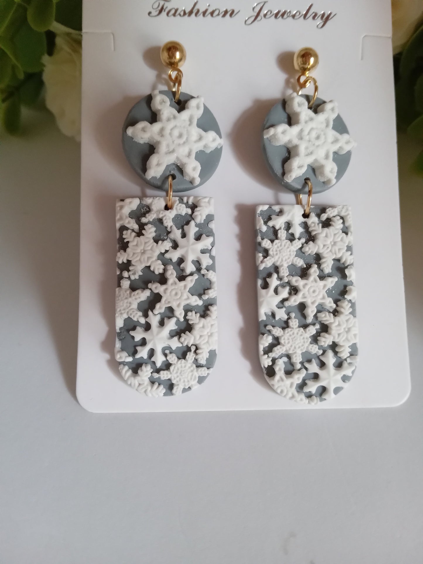 Snowflake Earrings- Winter Polymer Clay Drop Earrings/Handmade Holiday Jewelry