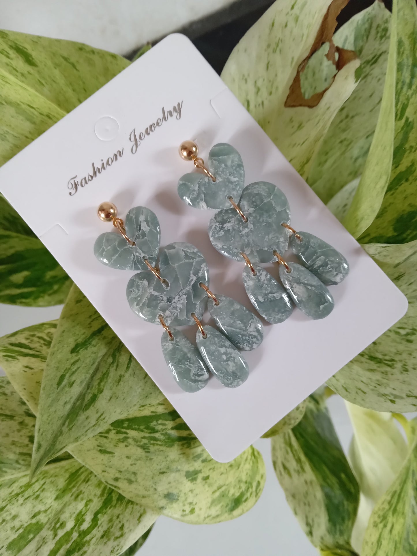 Green Marble Heart Dangle Earrings - Lightweight Clay Statement Jewelry