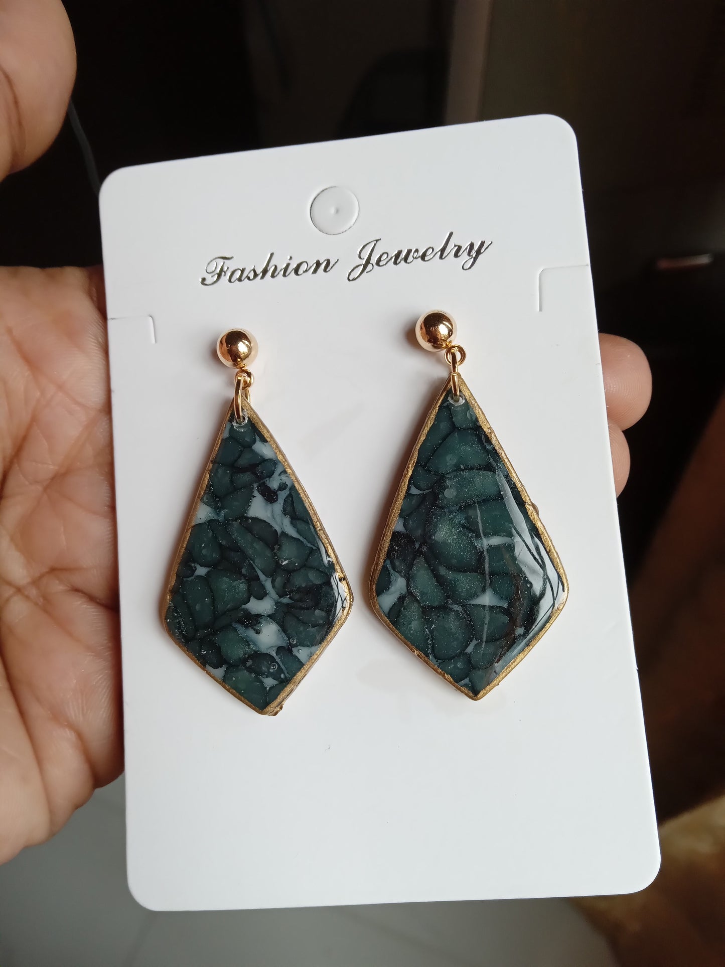 Handmade Dark Green Stone Diamond Drops Earrings - Lightweight Statement Earrings