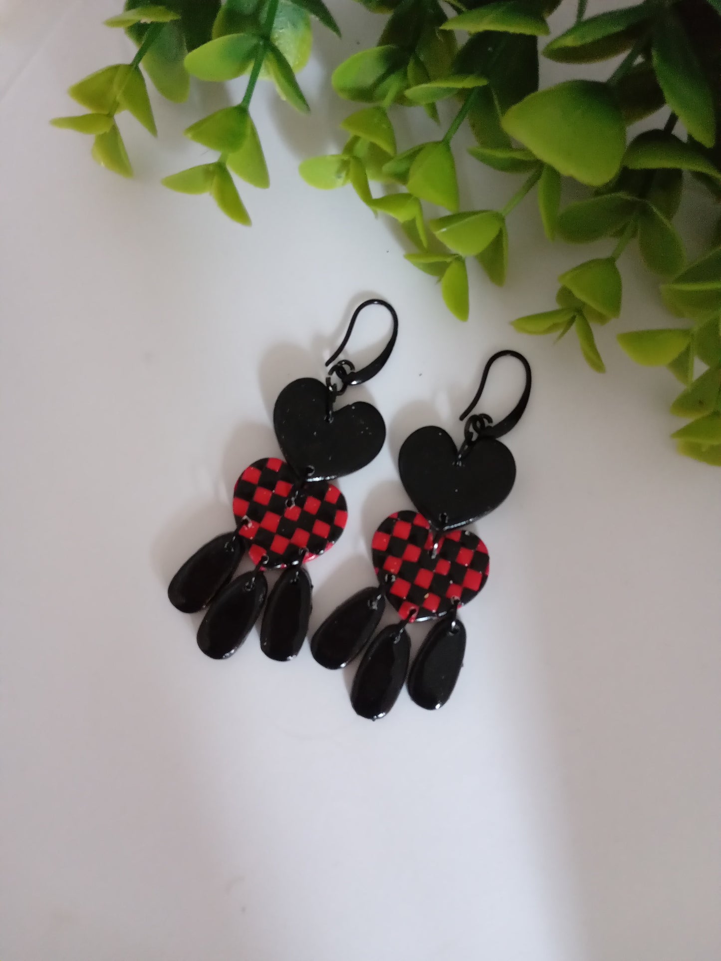 Polymer Clay Earrings Handmade - Bold Red Black Heart Statement Dangles for Her