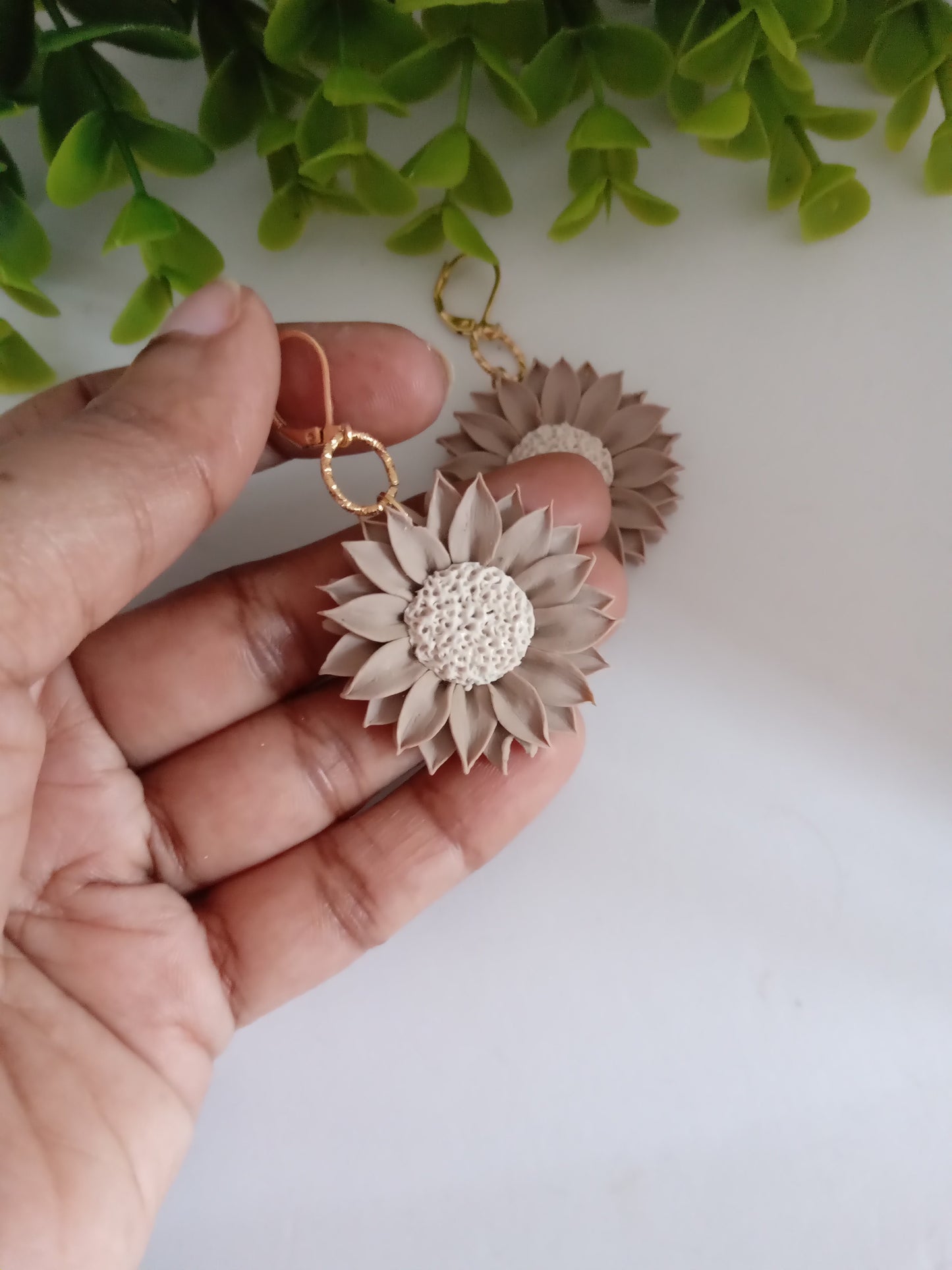 Polymer Clay Sunflower Earrings- Handmade Beige Flower Dangles for Women