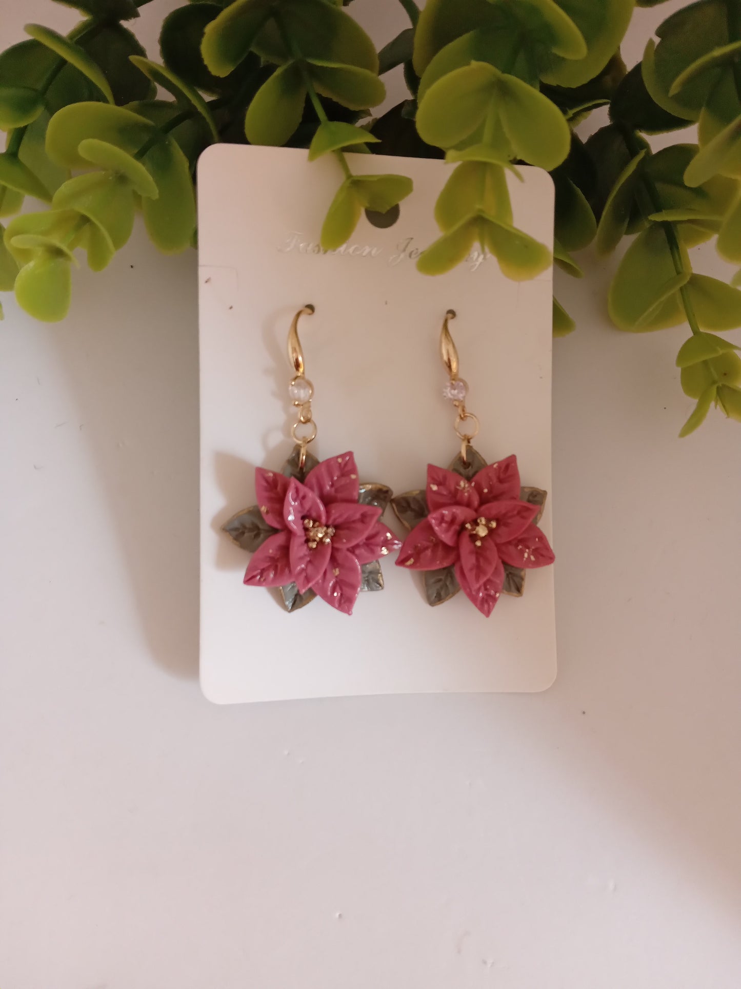Christmas pink Poinsettia Flower Earrings – Handmade Holiday Dangle Earrings, Festive Floral Jewelry Gift for Women