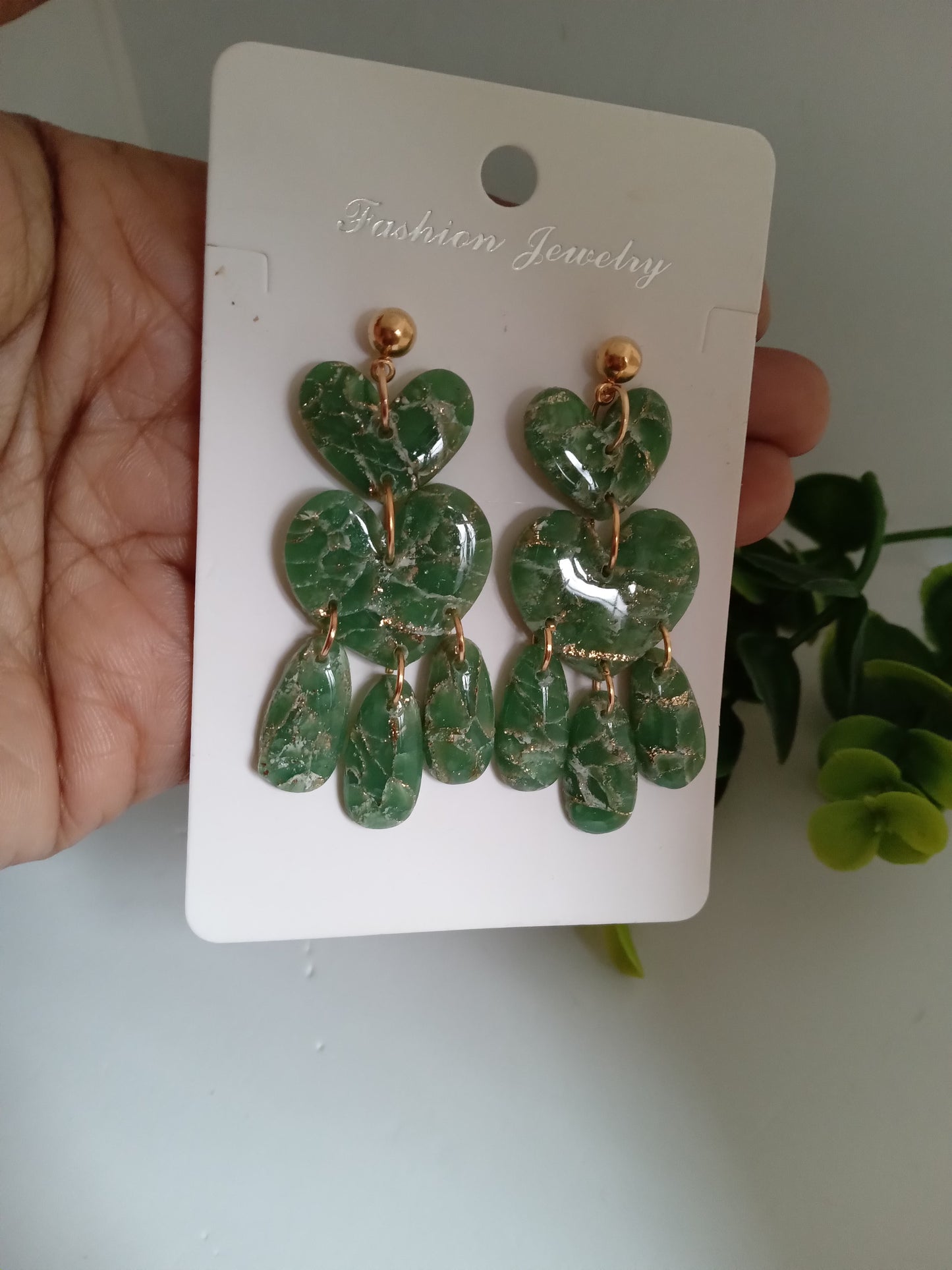 Green Marble Statement Dangle Earrings – Handmade Lightweight Drop Earrings for Women, Elegant Boho Jewelry Gift