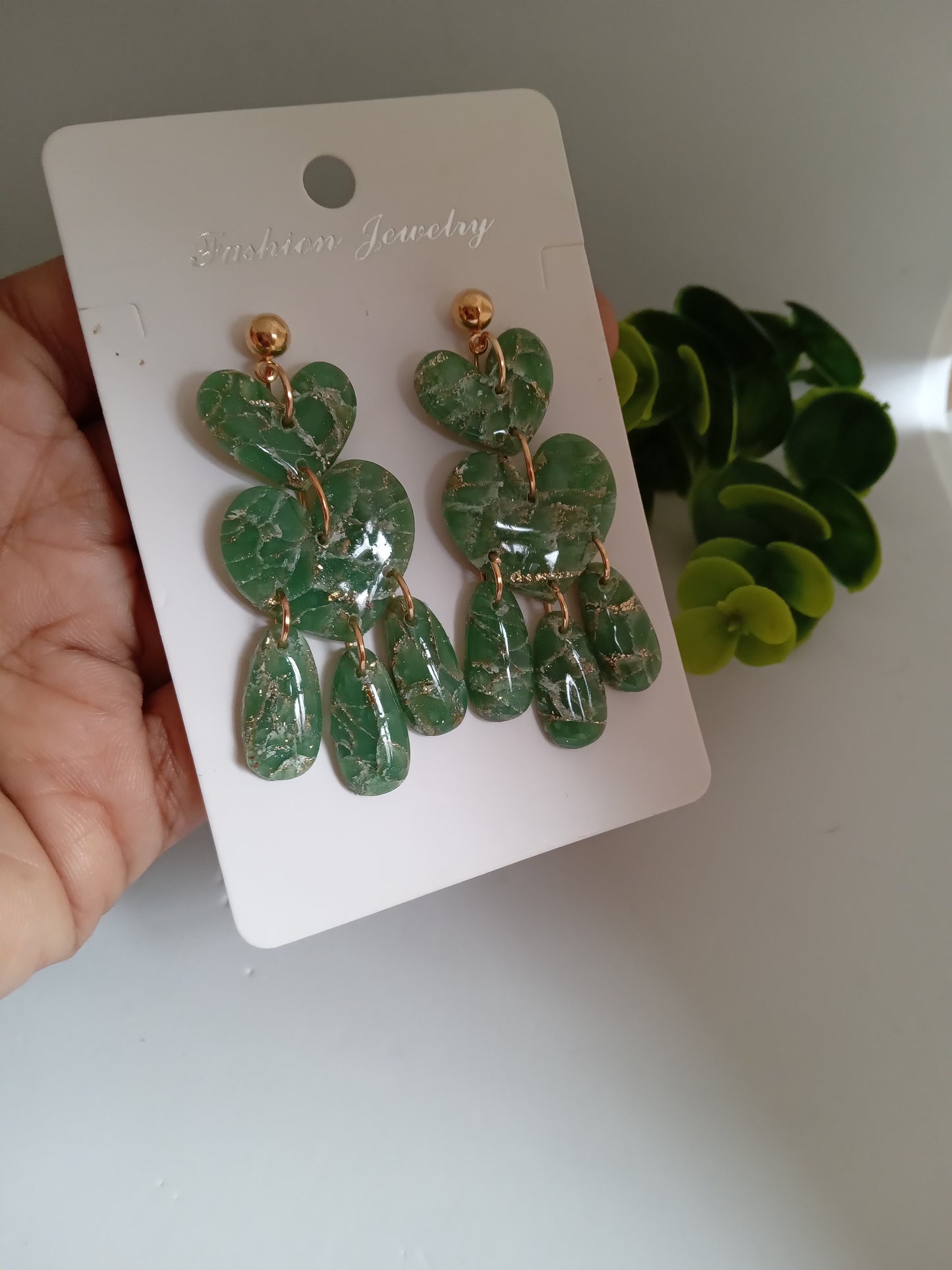 Green Marble Statement Dangle Earrings – Handmade Lightweight Drop Earrings for Women, Elegant Boho Jewelry Gift