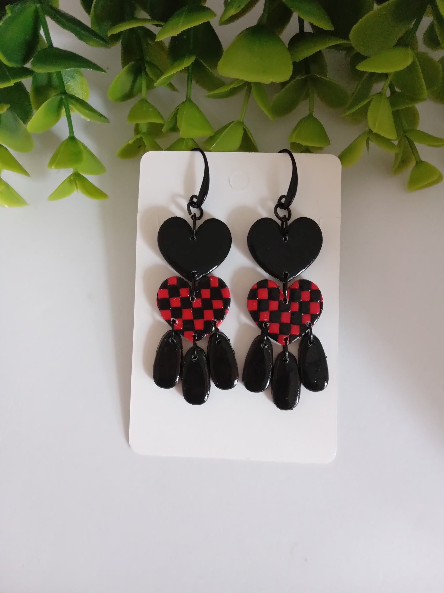 Polymer Clay Earrings Handmade - Bold Red Black Heart Statement Dangles for Her