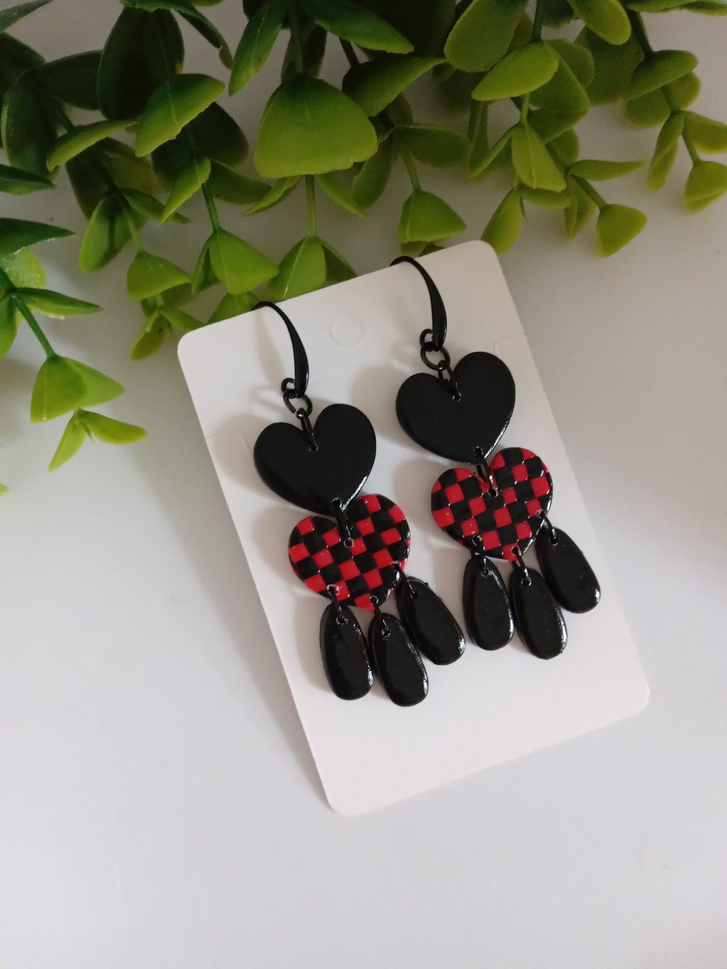 Polymer Clay Earrings Handmade - Bold Red Black Heart Statement Dangles for Her