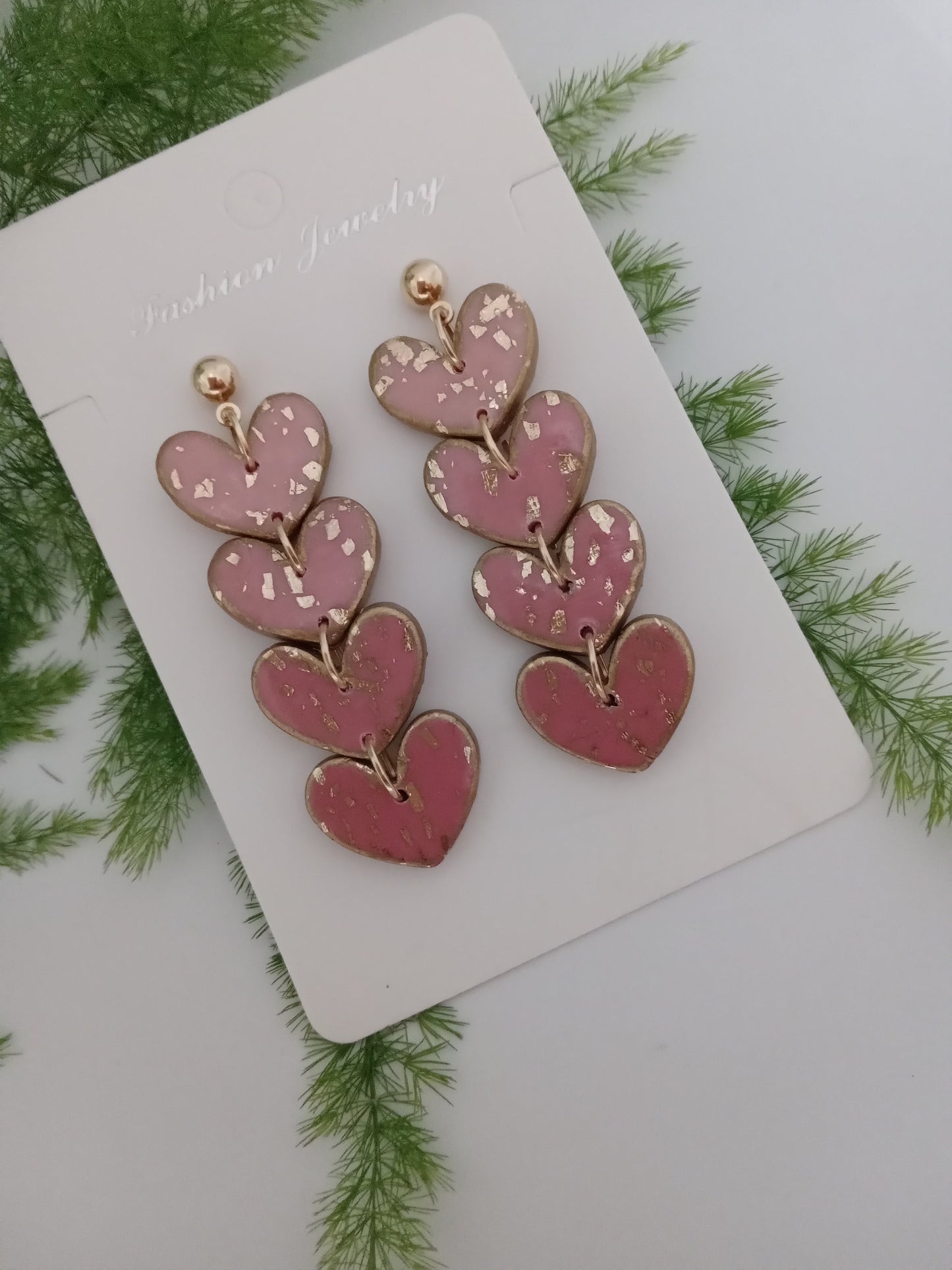 Handmade Pink Heart Drop Earrings with Gold Leaf- Romantic Statement Jewelry for Women