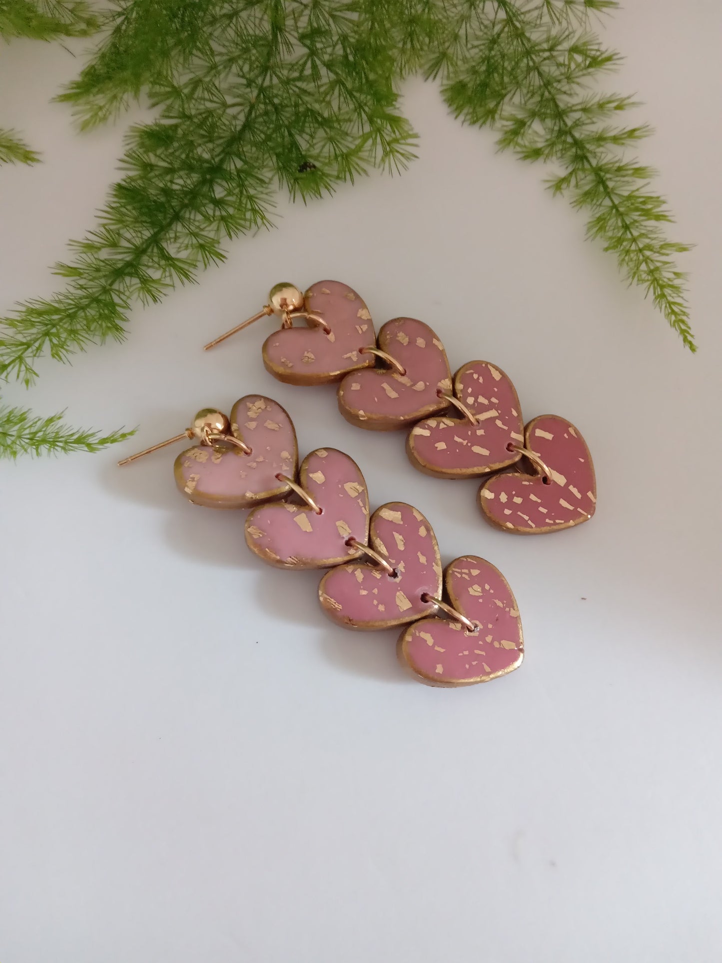 Handmade Pink Heart Drop Earrings with Gold Leaf- Romantic Statement Jewelry for Women