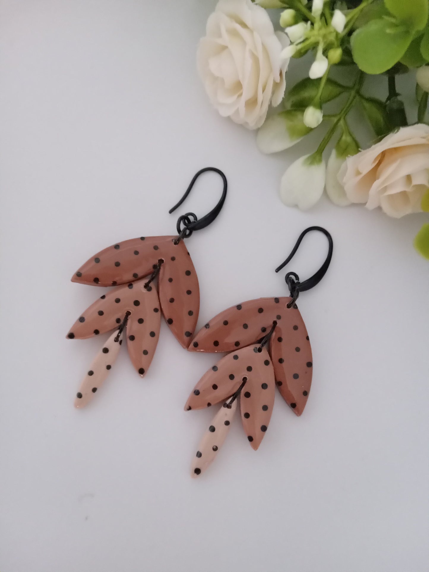 Polka Dot Leaf Dangle Earrings - Handmade Polymer Clay Jewelry