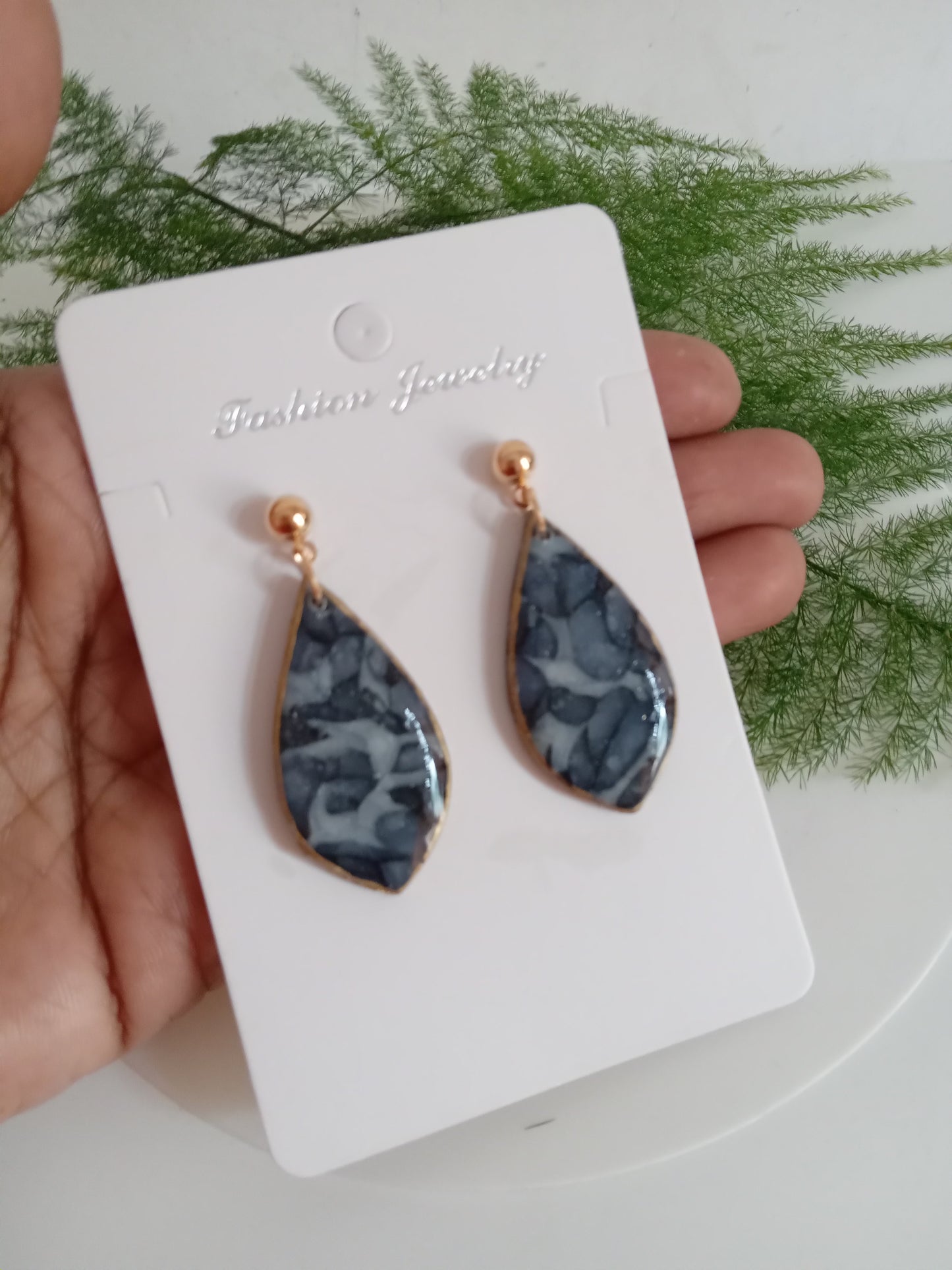 Handmade Blue Marble Resin Drop Earrings - Lightweight &Elegant