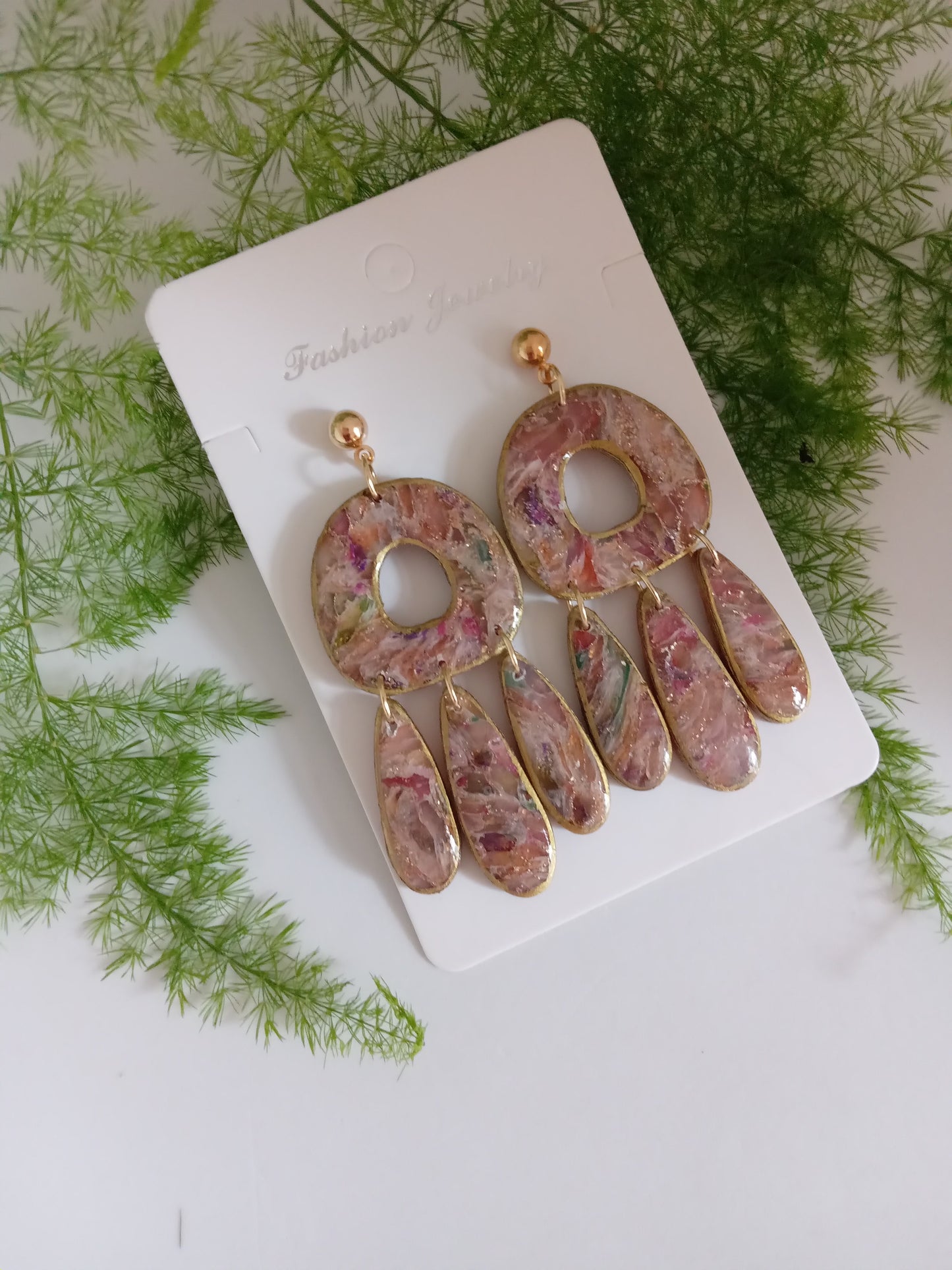Polymer Clay Statement Earrings - Handmade Boho Drop Jewelry with Gold Accents