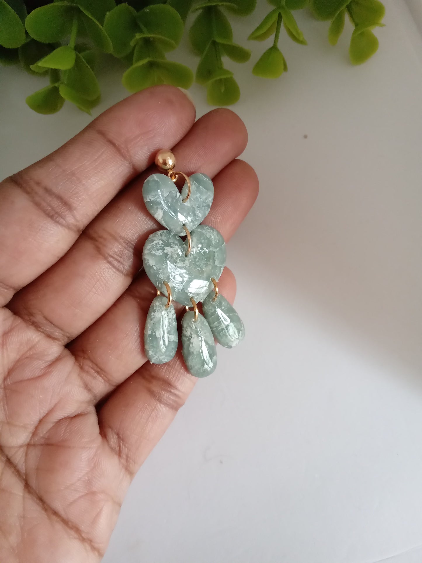 Green Marble Heart Dangle Earrings - Lightweight Clay Statement Jewelry