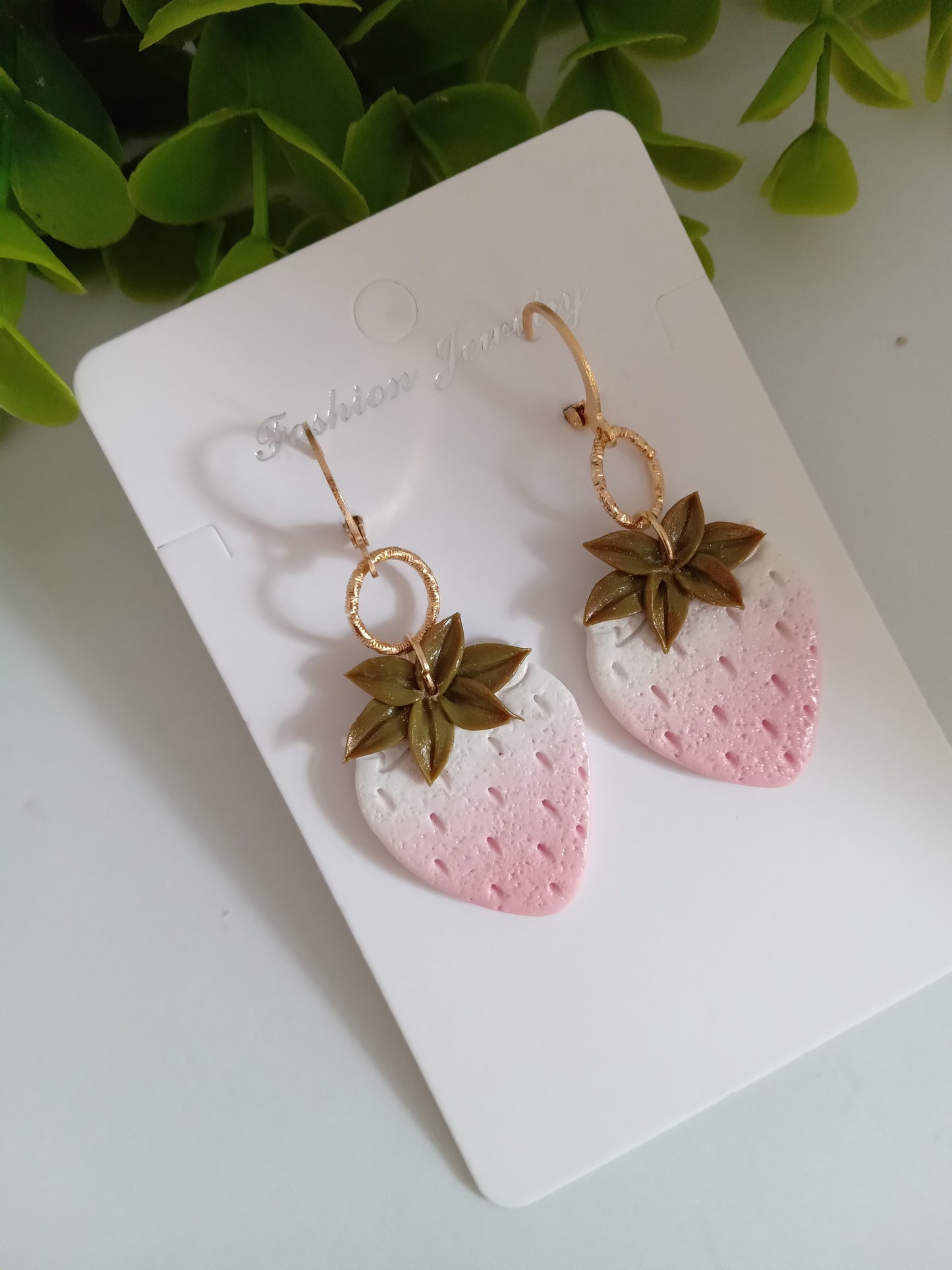 Handmade Dangle Strawberry Earrings - Pink White Polymer Clay Fruit Jewelry for Women
