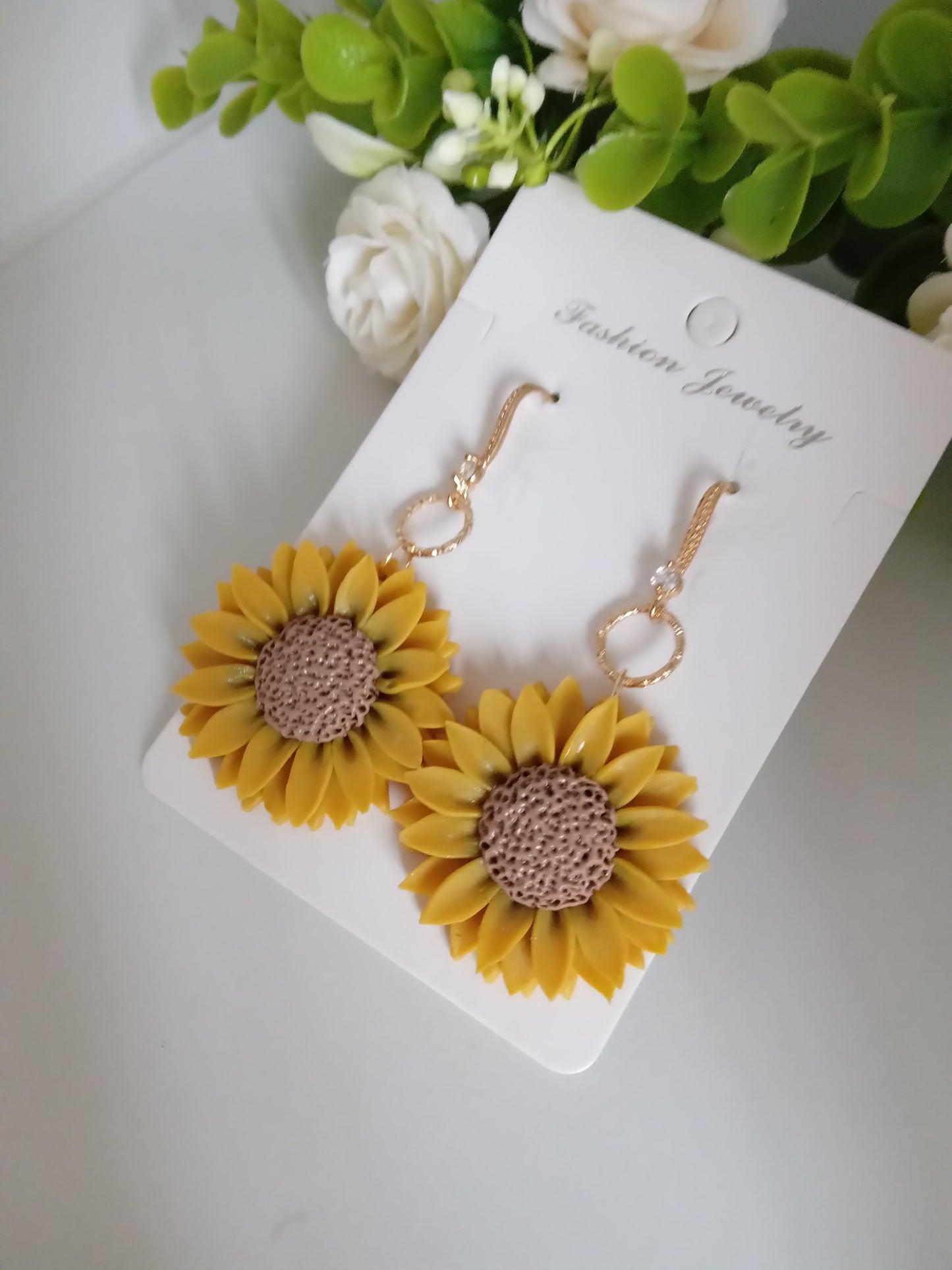 Sunflower Dangle Earrings - Handmade Yellow Clay Flower Jewelry