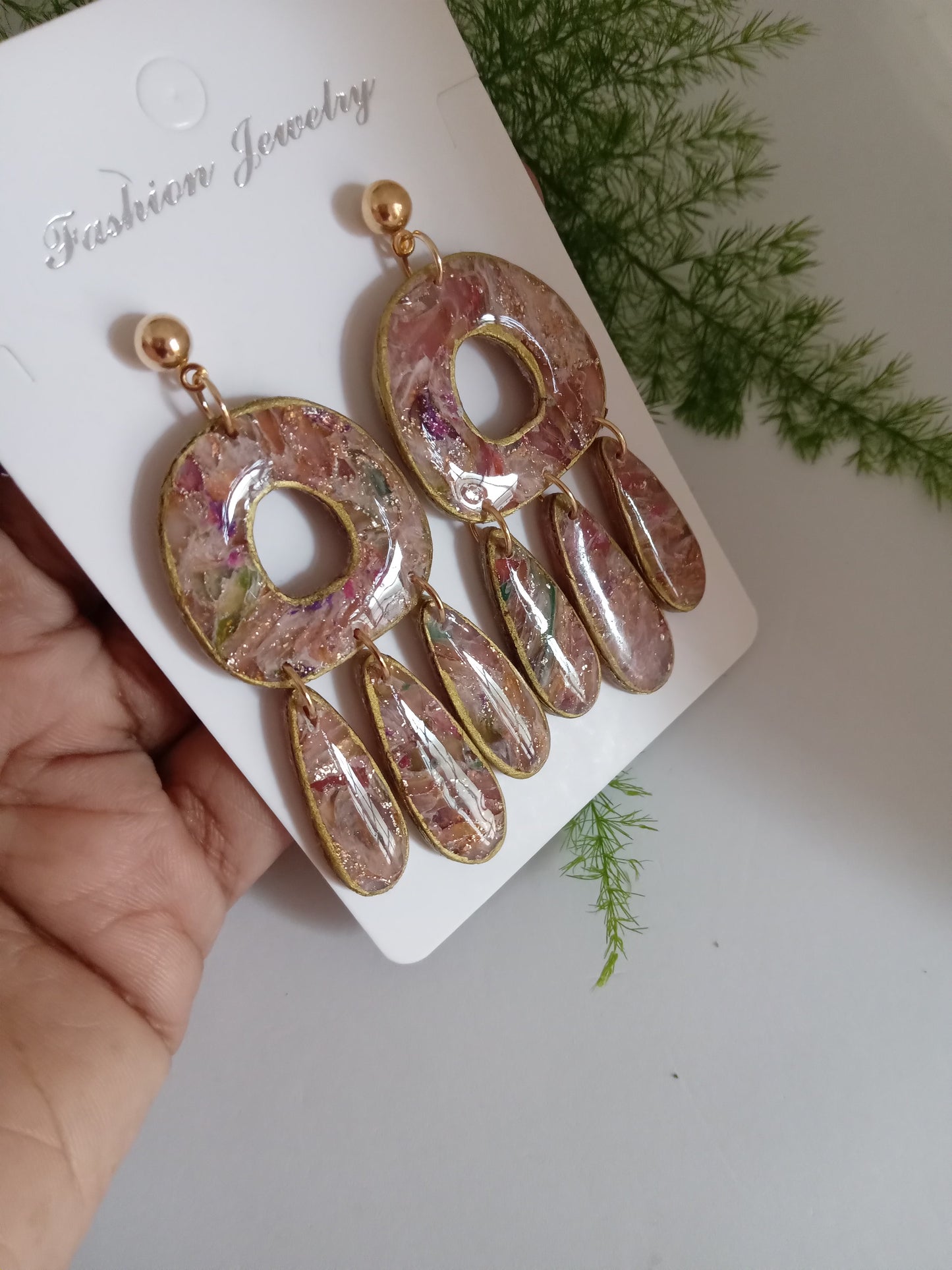 Polymer Clay Statement Earrings - Handmade Boho Drop Jewelry with Gold Accents