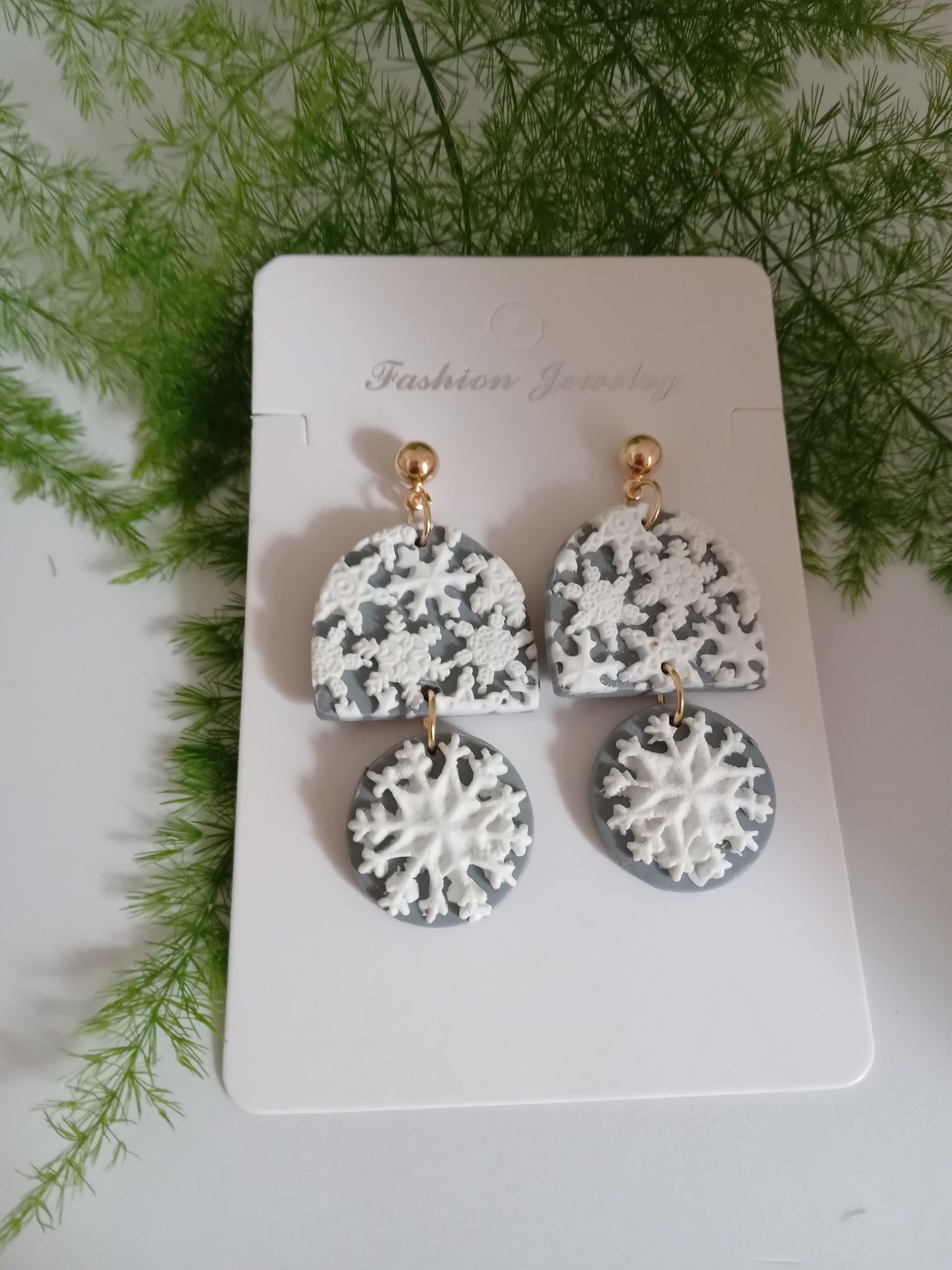 Snowflake Earrings - Winter Polymer Clay Drop Earrings/Handmade Holiday Jewelry