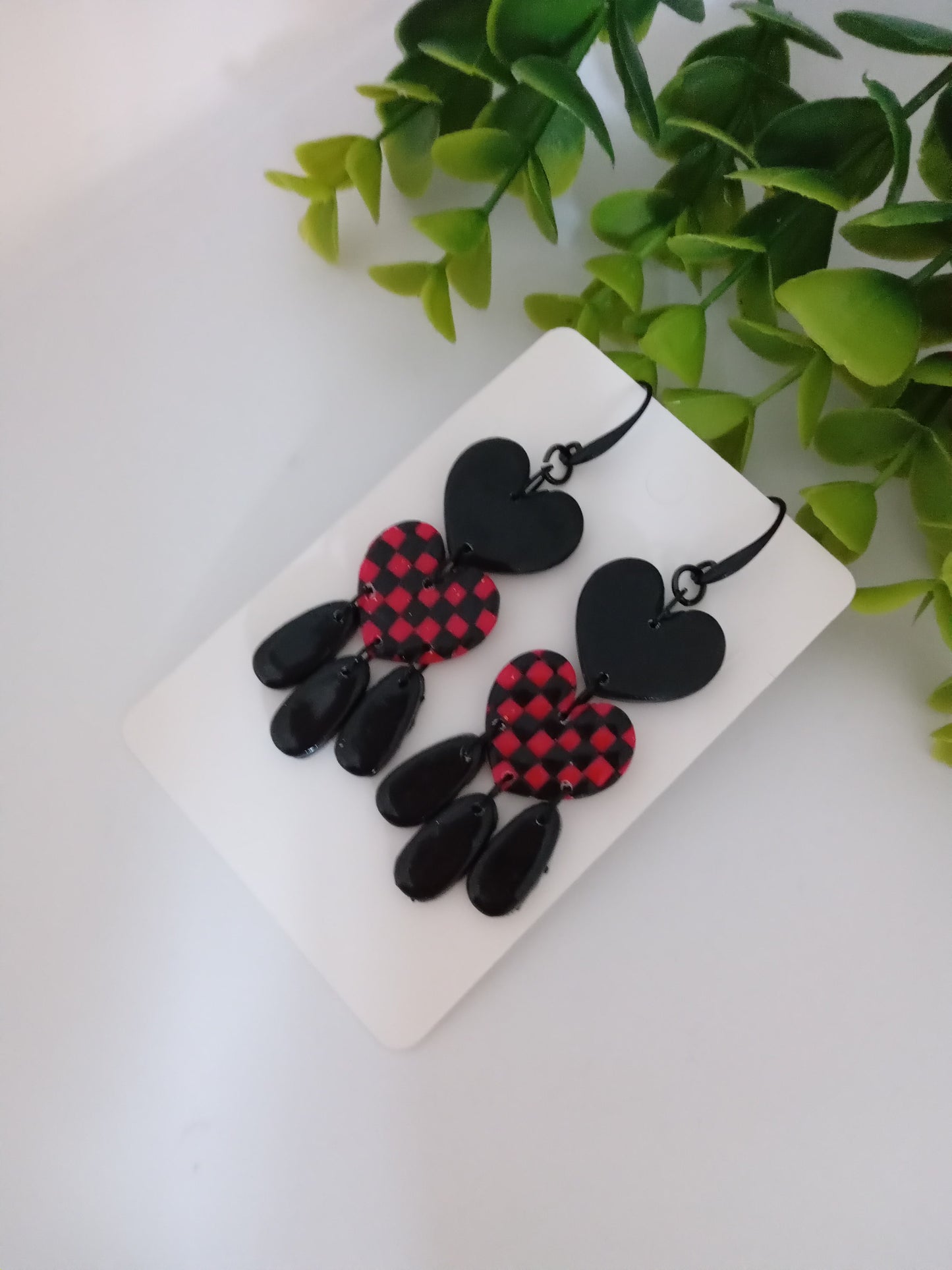 Polymer Clay Earrings Handmade - Bold Red Black Heart Statement Dangles for Her
