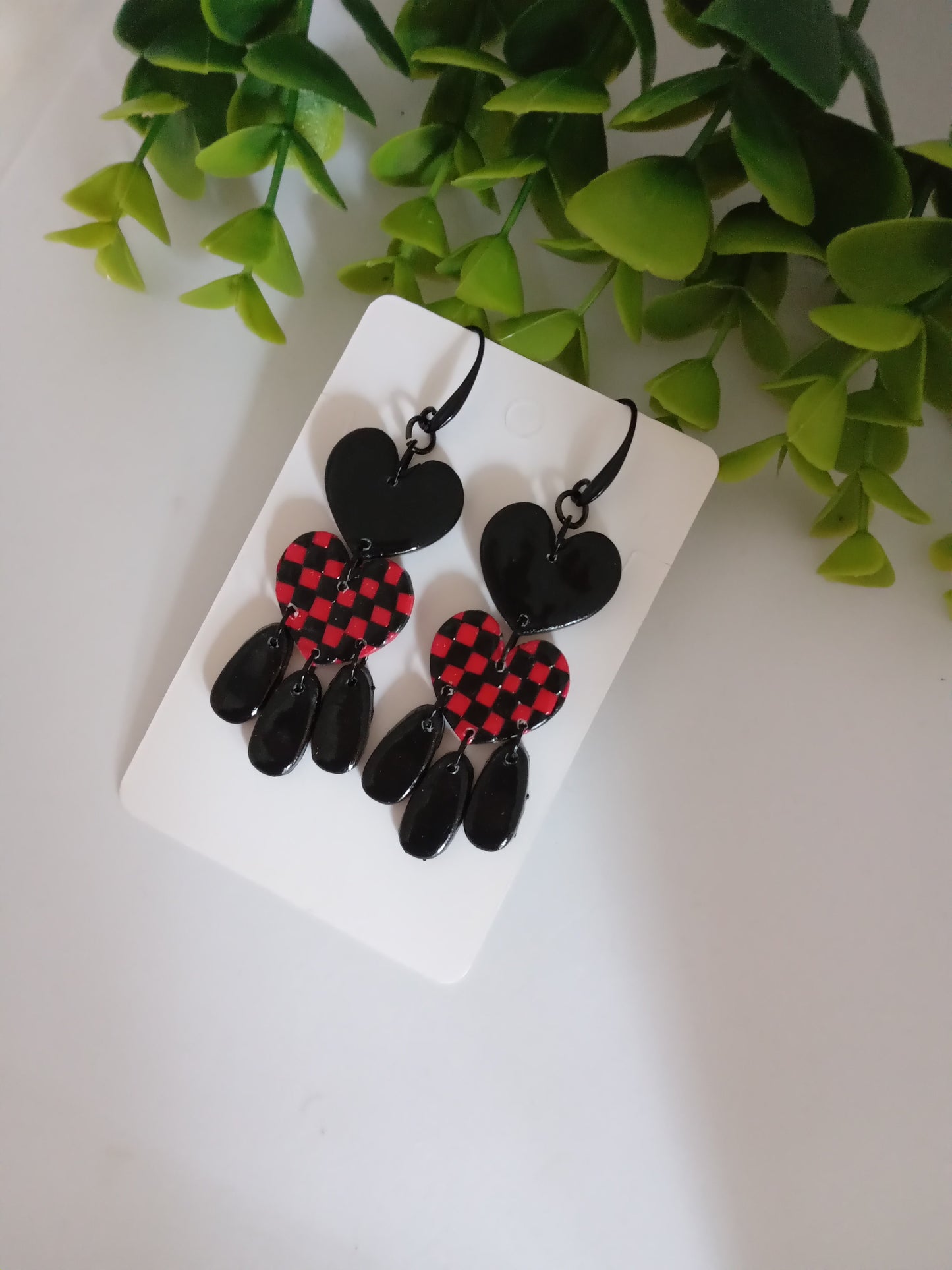 Polymer Clay Earrings Handmade - Bold Red Black Heart Statement Dangles for Her