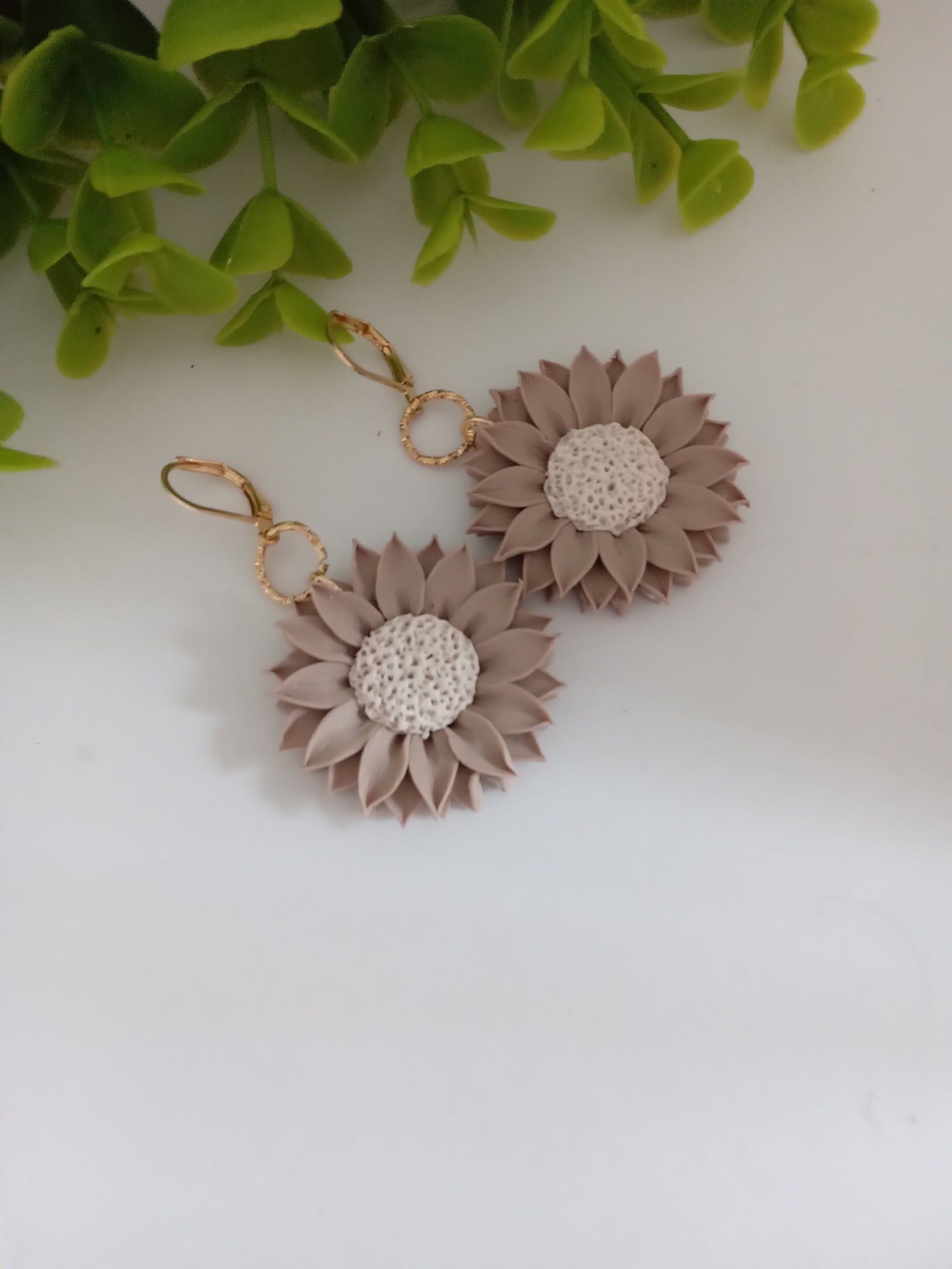 Polymer Clay Sunflower Earrings- Handmade Beige Flower Dangles for Women