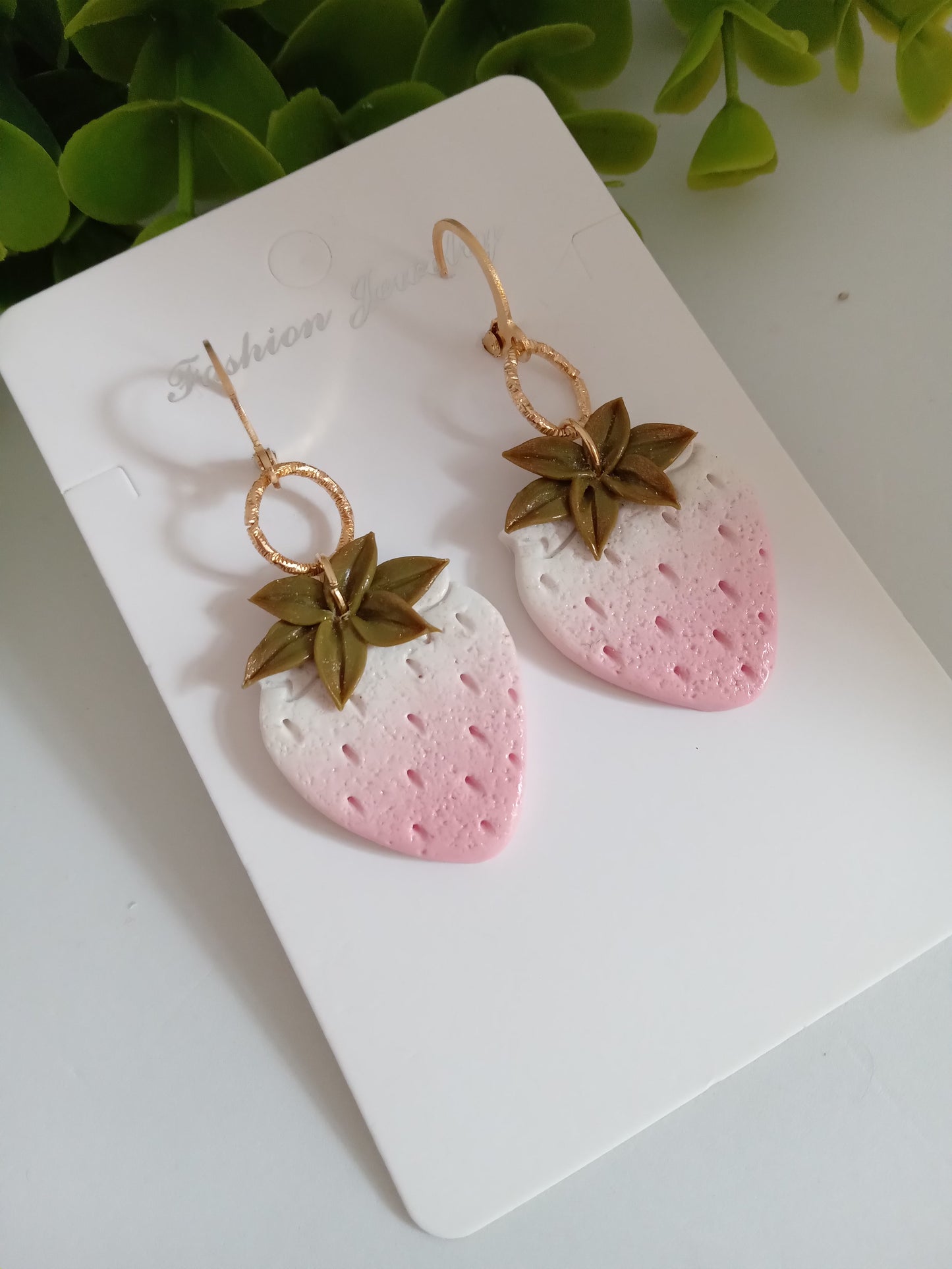 Handmade Dangle Strawberry Earrings - Pink White Polymer Clay Fruit Jewelry for Women