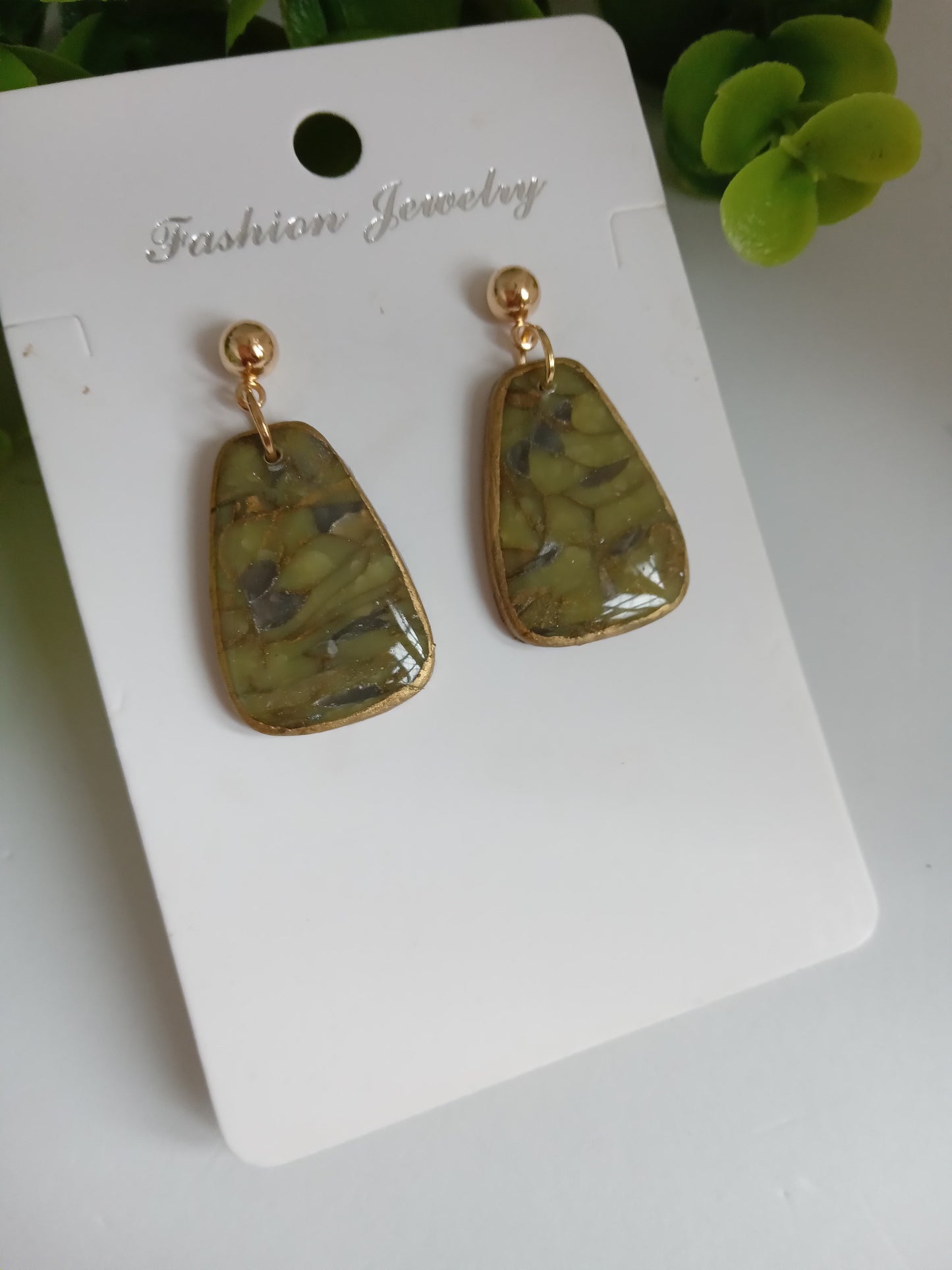 Handmade Green Marble Statement Drop Earrings – Lightweight Geometric Jewelry for Women, Elegant Everyday or Party Wear