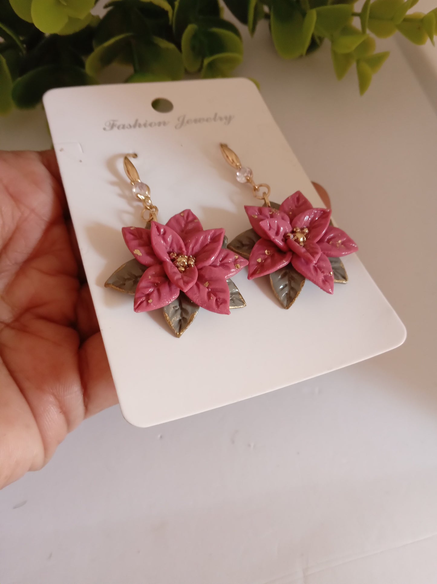 Christmas pink Poinsettia Flower Earrings – Handmade Holiday Dangle Earrings, Festive Floral Jewelry Gift for Women