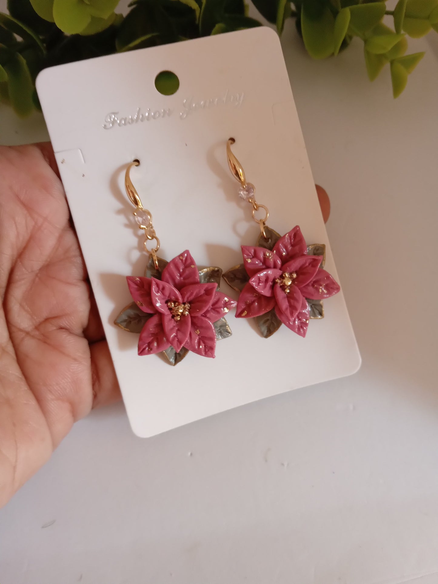 Christmas pink Poinsettia Flower Earrings – Handmade Holiday Dangle Earrings, Festive Floral Jewelry Gift for Women