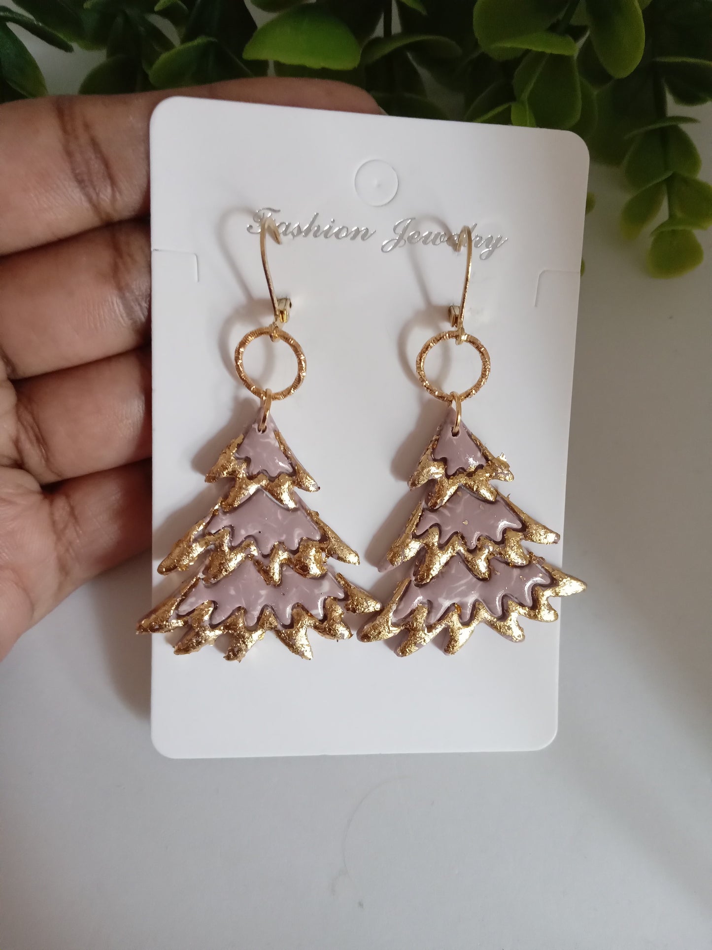 Bold Christmas Tree Polymer Clay Earrings with Gold Foil - Handmade Holiday Jewelry for Women