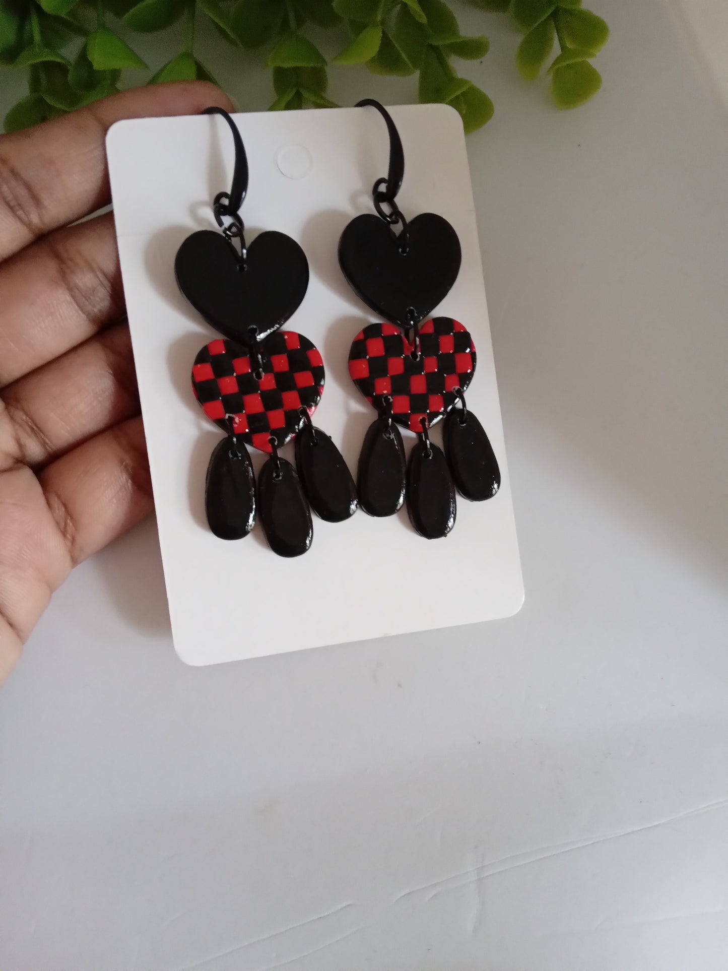 Polymer Clay Earrings Handmade - Bold Red Black Heart Statement Dangles for Her