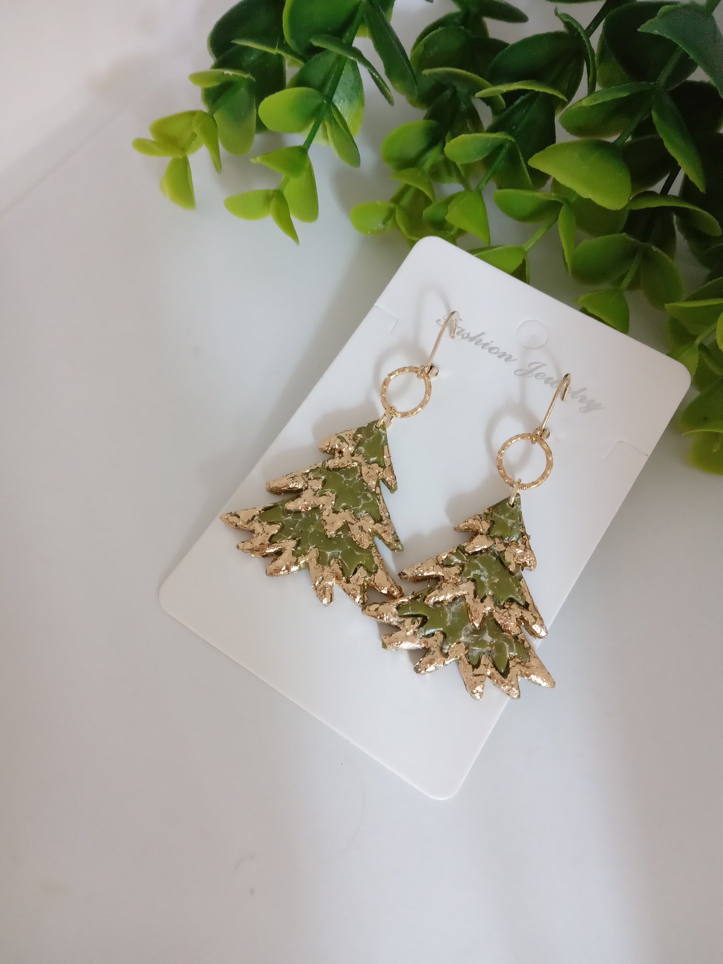 Bold Christmas Tree Earrings with Gold Foil- Handmade Holiday Jewelry for Women