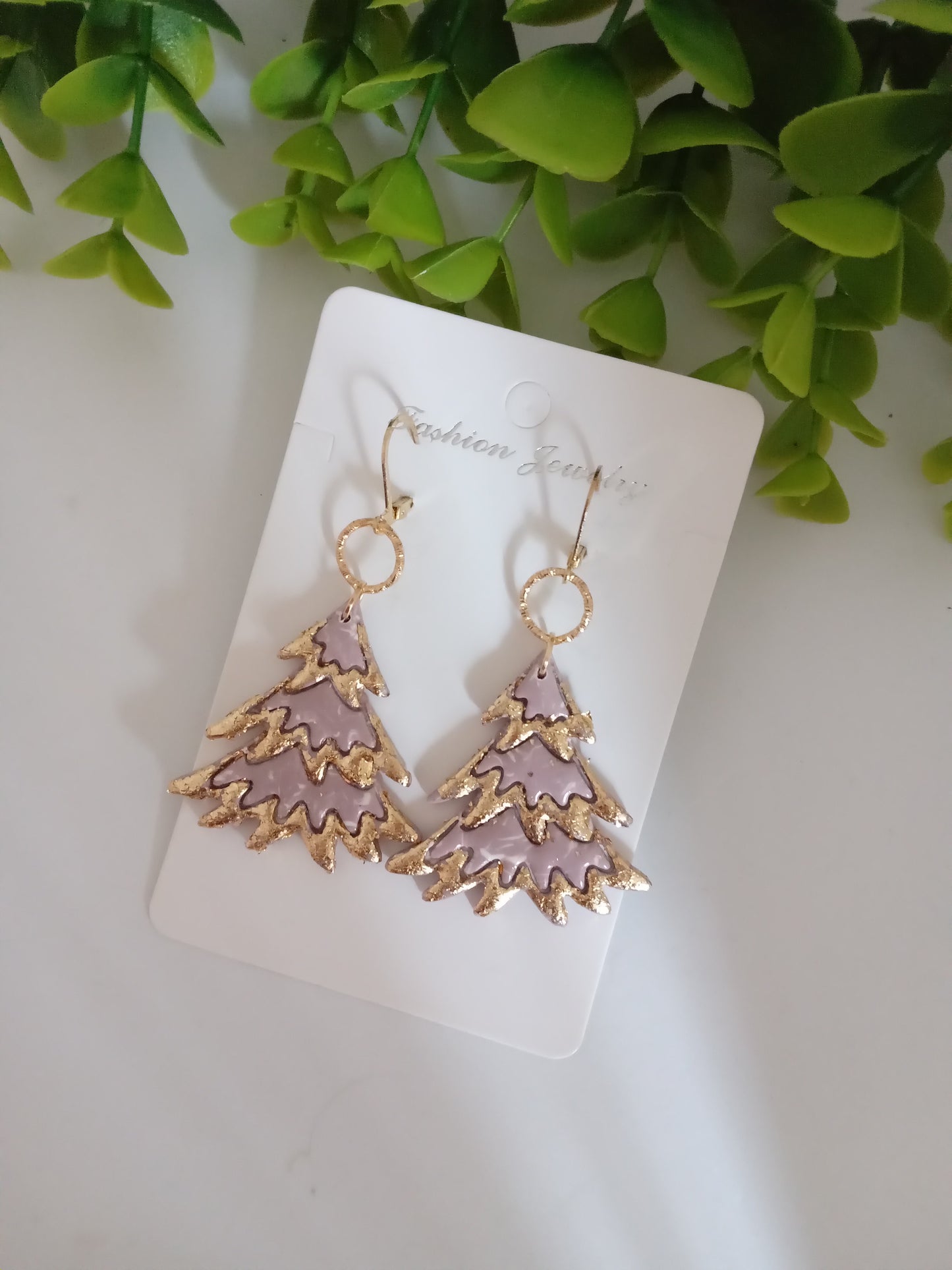 Bold Christmas Tree Polymer Clay Earrings with Gold Foil - Handmade Holiday Jewelry for Women
