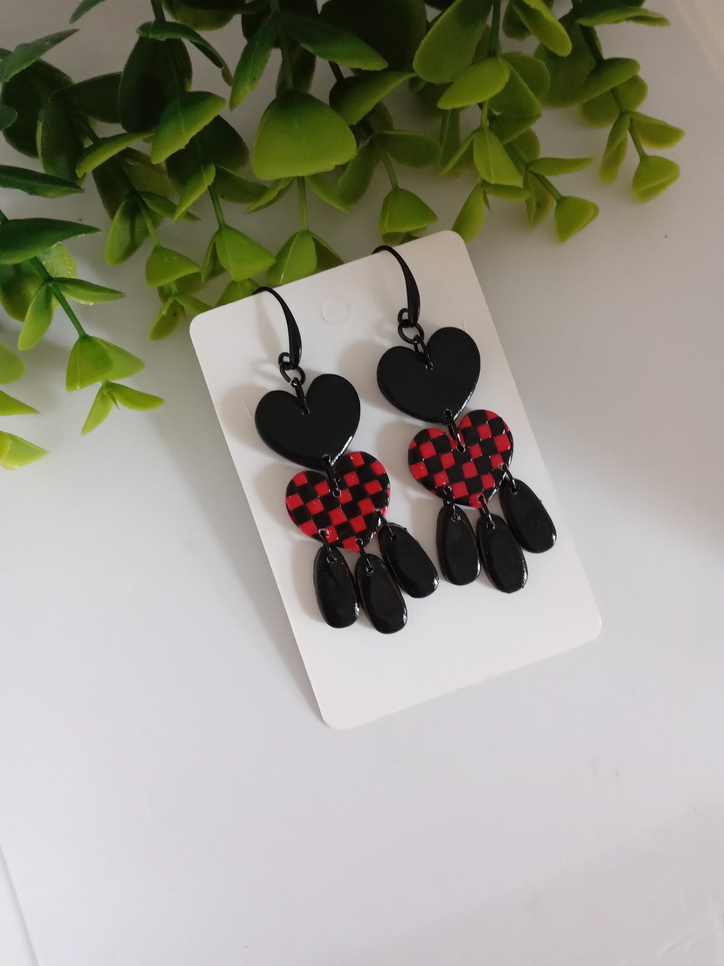 Polymer Clay Earrings Handmade - Bold Red Black Heart Statement Dangles for Her