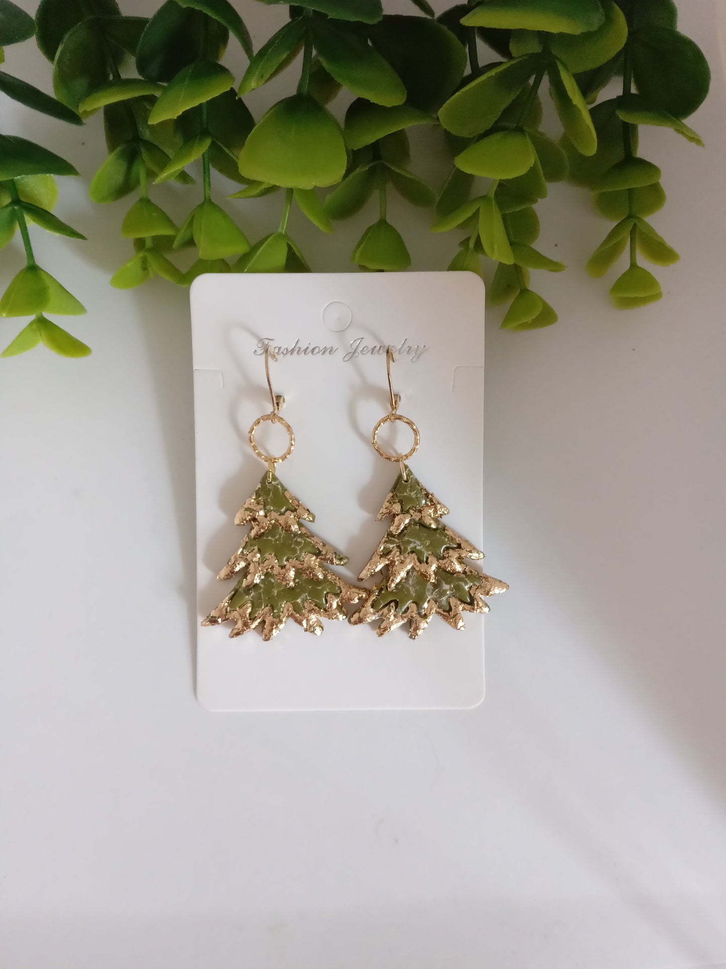 Bold Christmas Tree Earrings with Gold Foil- Handmade Holiday Jewelry for Women