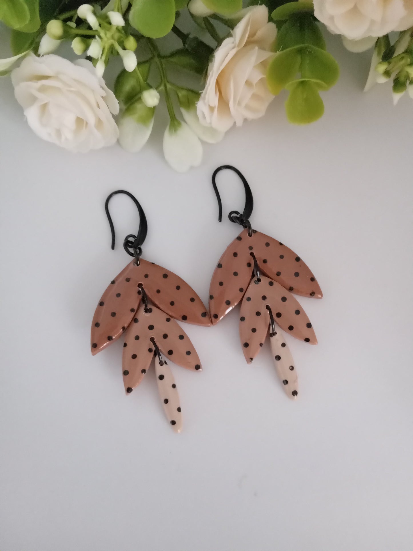 Polka Dot Leaf Dangle Earrings - Handmade Polymer Clay Jewelry
