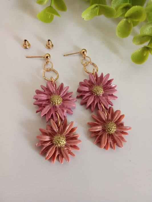 Handmade Polymer Clay Pink Daisy Earring Floral Artisan Dangle Earrings for Women