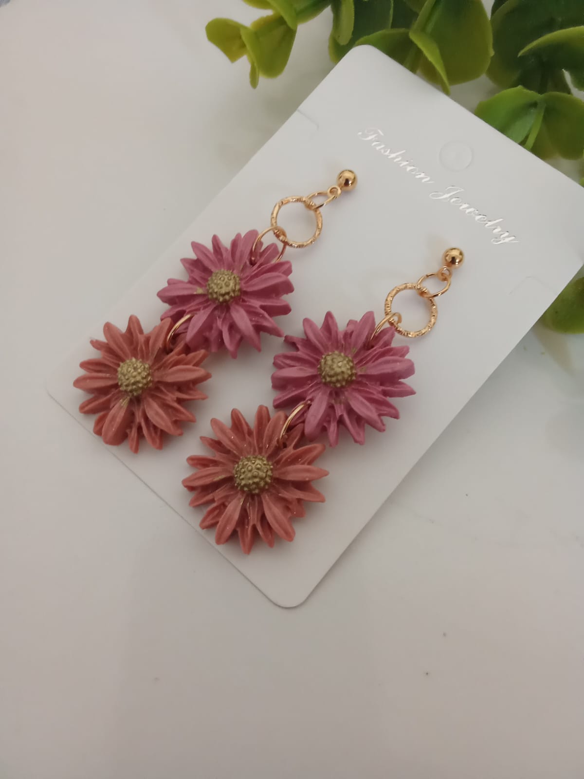 Handmade Polymer Clay Pink Daisy Earring Floral Artisan Dangle Earrings for Women