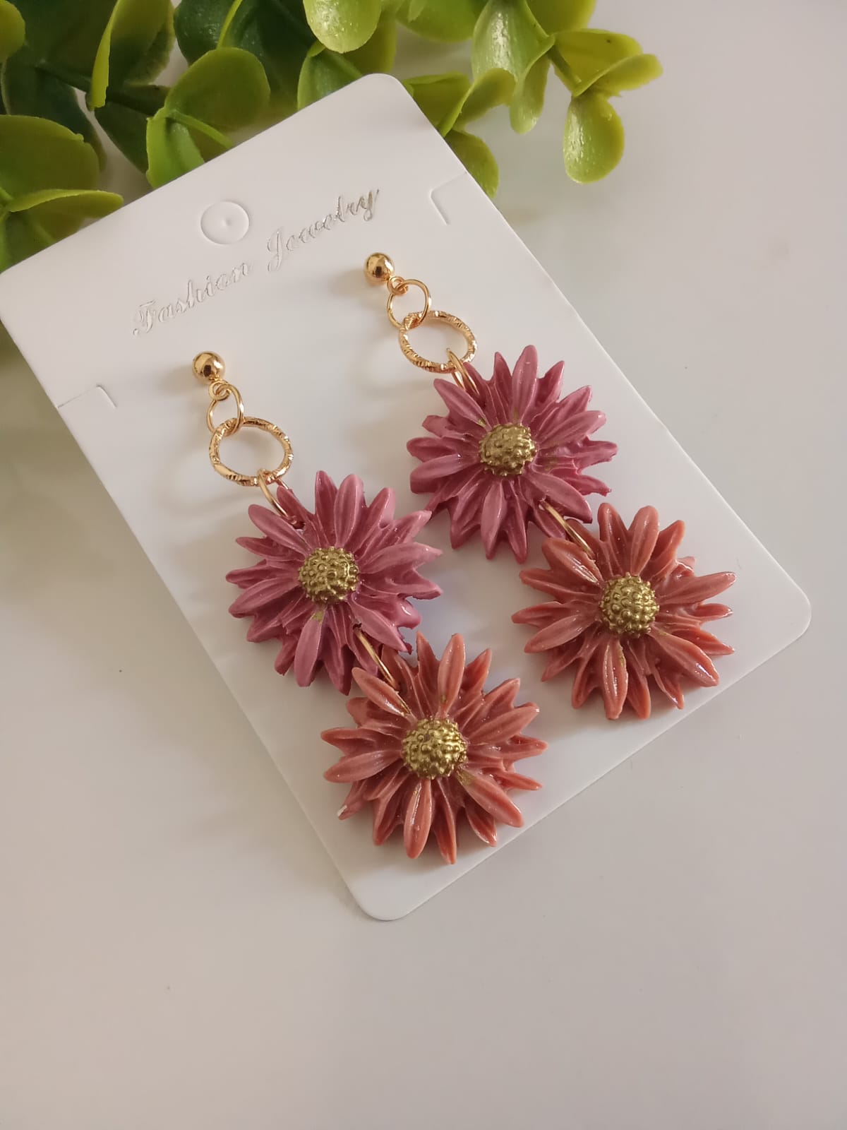 Handmade Polymer Clay Pink Daisy Earring Floral Artisan Dangle Earrings for Women